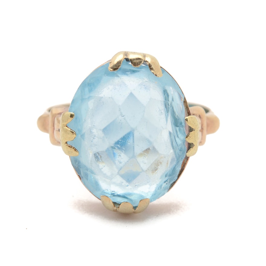 Vintage 10K Yellow Gold Faceted Blue Glass Ring