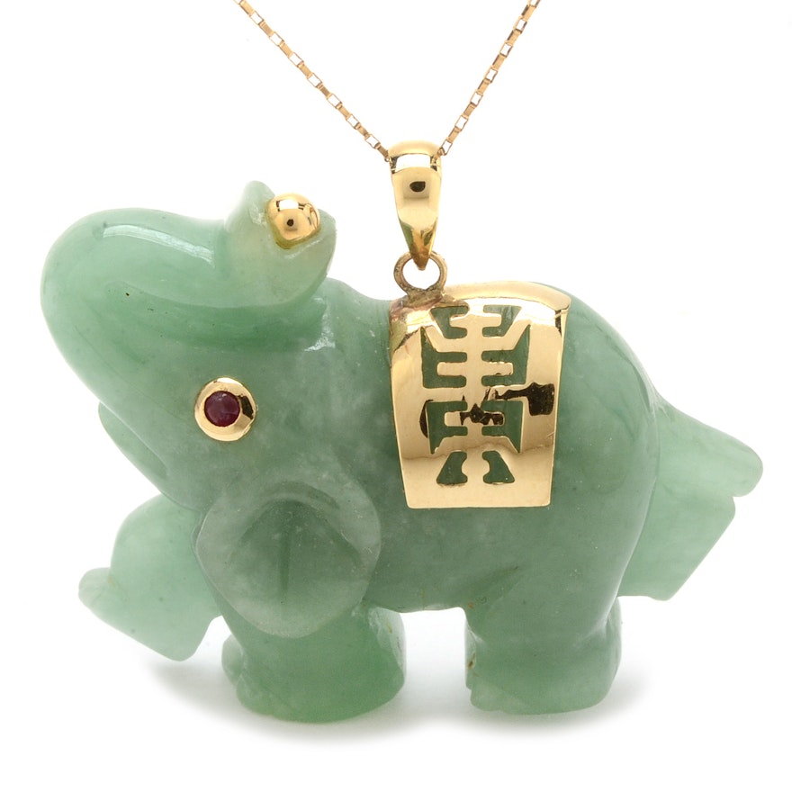 10K Yellow Gold Jadeite and Ruby Elephant Necklace