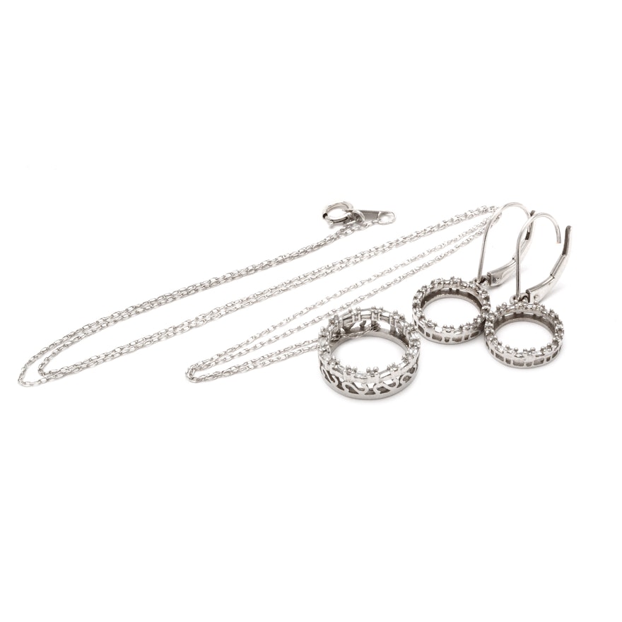 14K White Gold Diamond Halo Pendant Necklace and Earrings