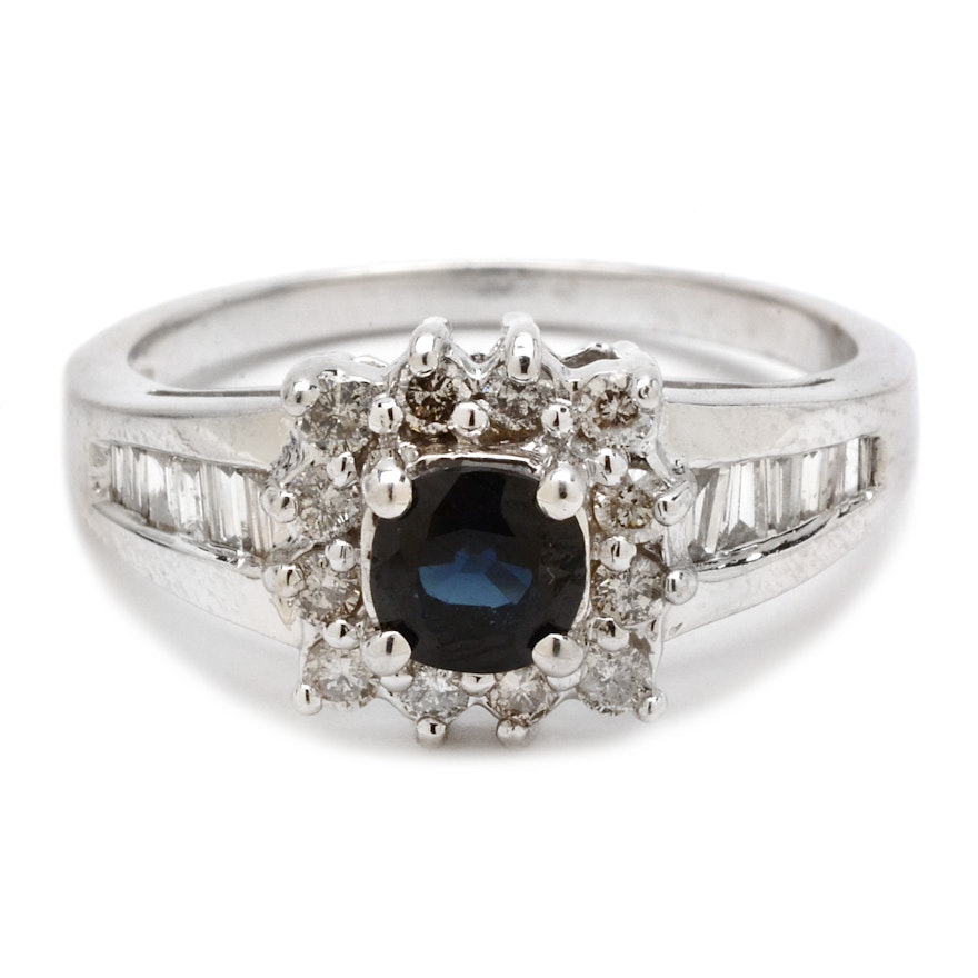 14K White Gold Blue Sapphire and Diamond Halo RIng