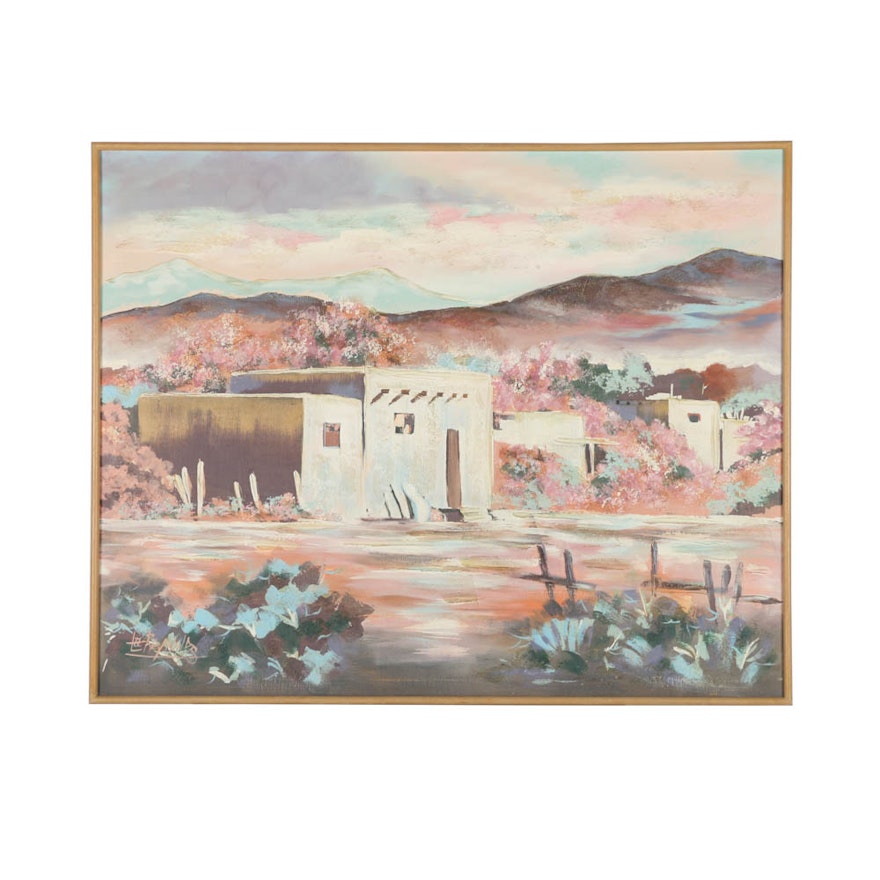 Lee Reynolds Oil Painting on Canvas of Pueblo Style Home