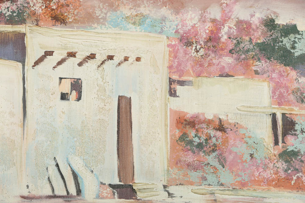 Lee Reynolds Oil Painting on Canvas of Pueblo Style Home