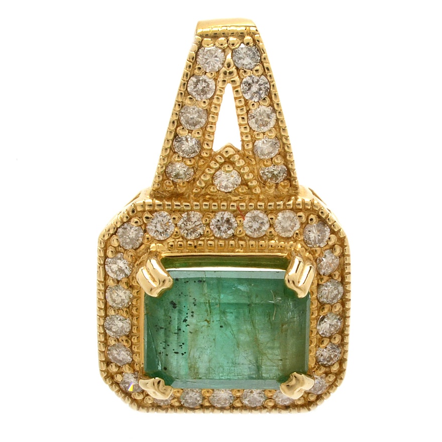 14K Yellow Gold Emerald and Diamond Milgrain Pendant