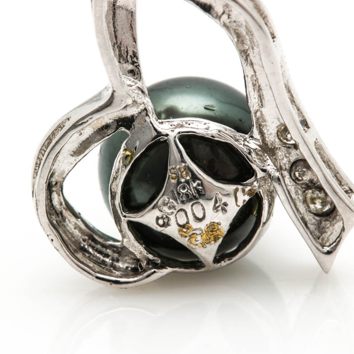 18K White Gold Cultured Tahitian Pearl and Diamond Slide Pendant