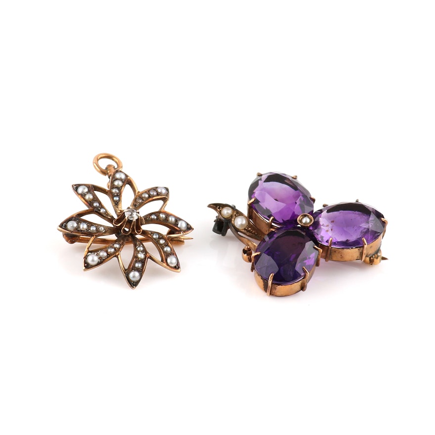 Selection of 9K and 10K Yellow Gold Amethyst, Pearl and Diamond Brooches
