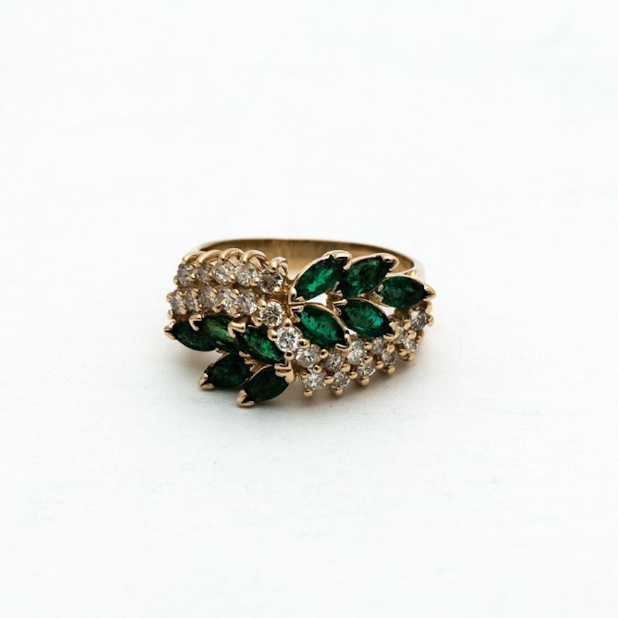 14K Yellow Gold 1.10 CTW Emerald and Diamond Ring