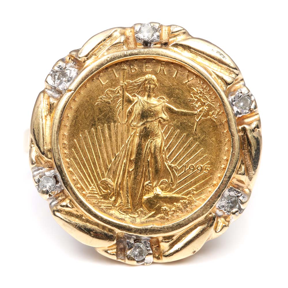 14K Yellow Gold and Diamond 1995 Liberty Coin Ring