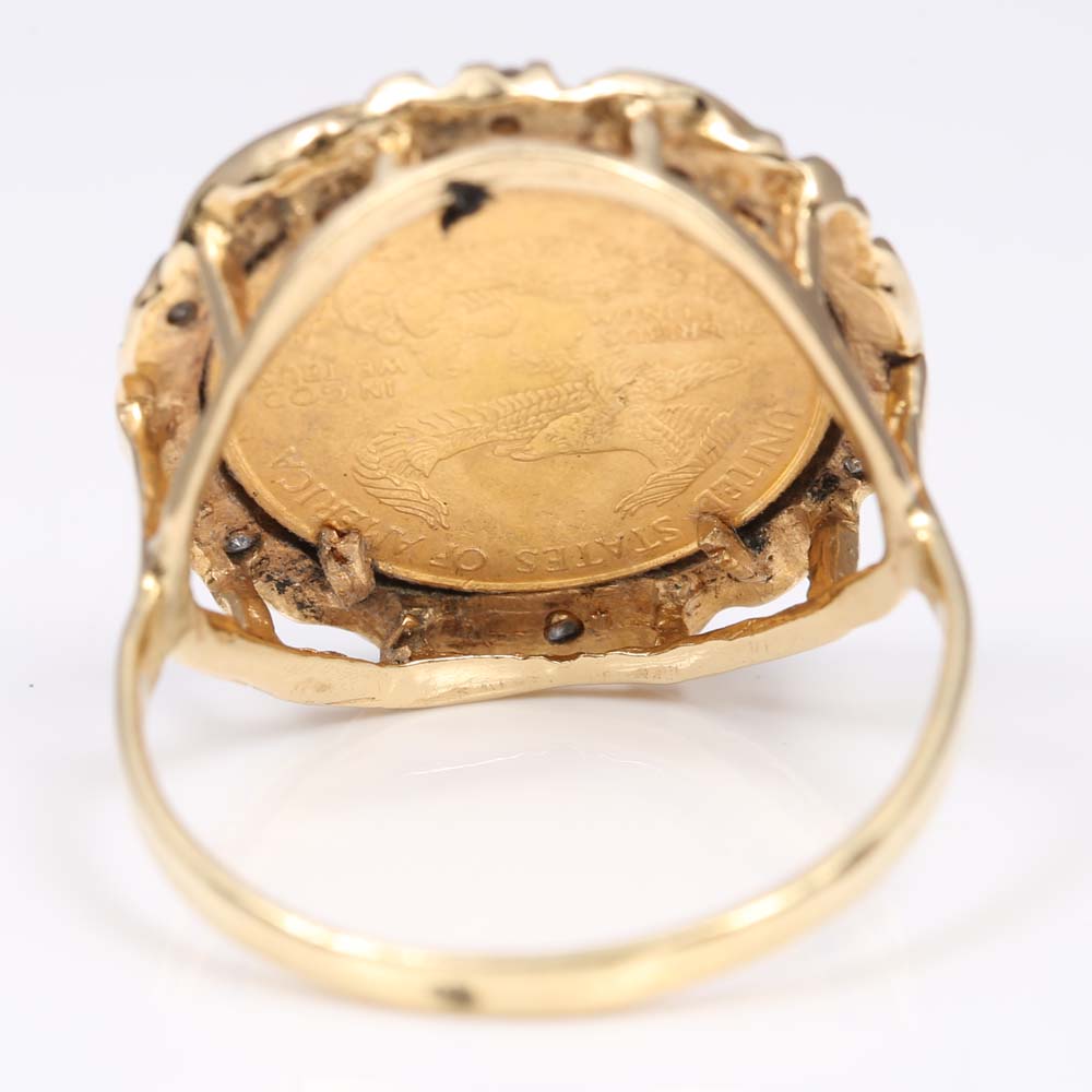 14K Yellow Gold and Diamond 1995 Liberty Coin Ring
