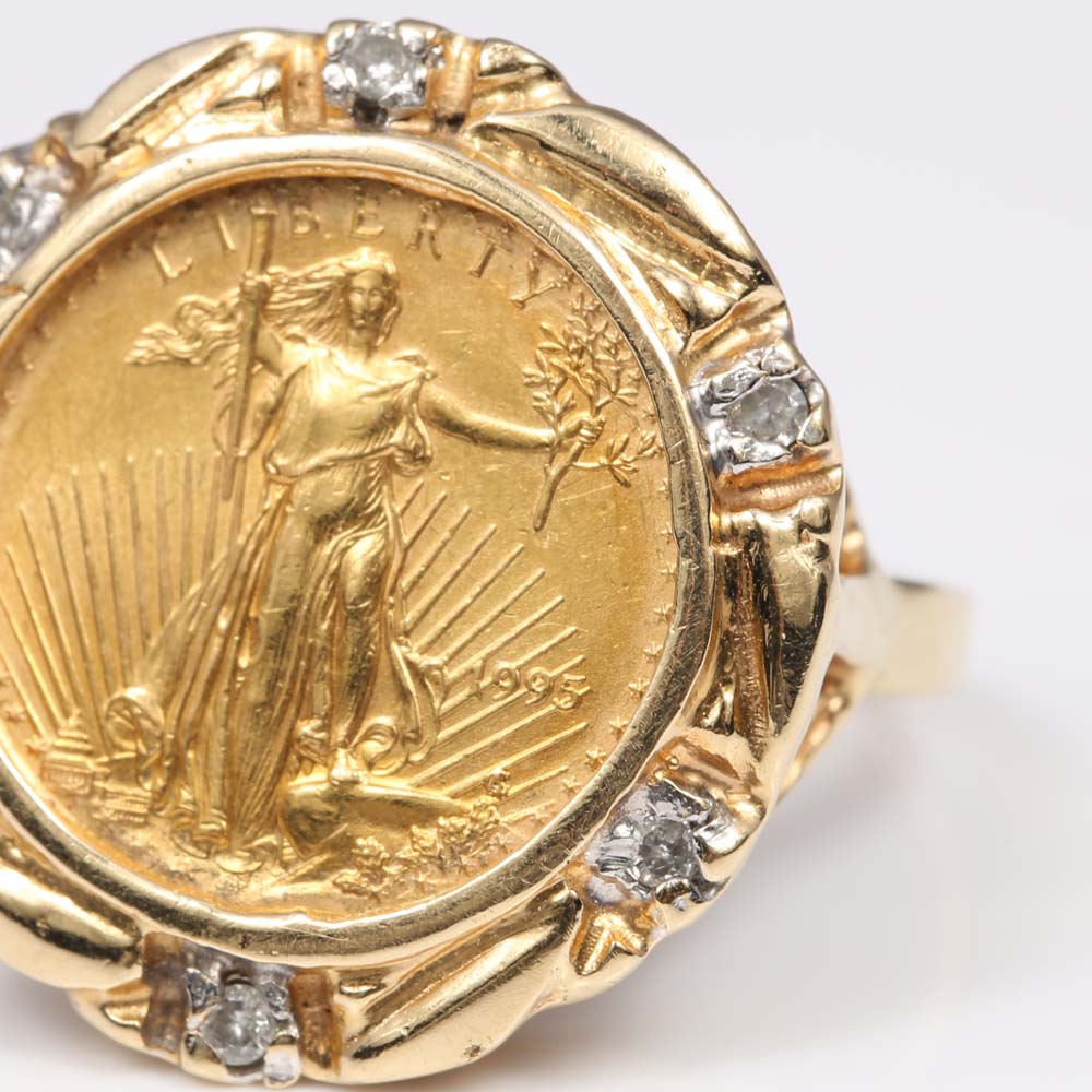 14K Yellow Gold and Diamond 1995 Liberty Coin Ring