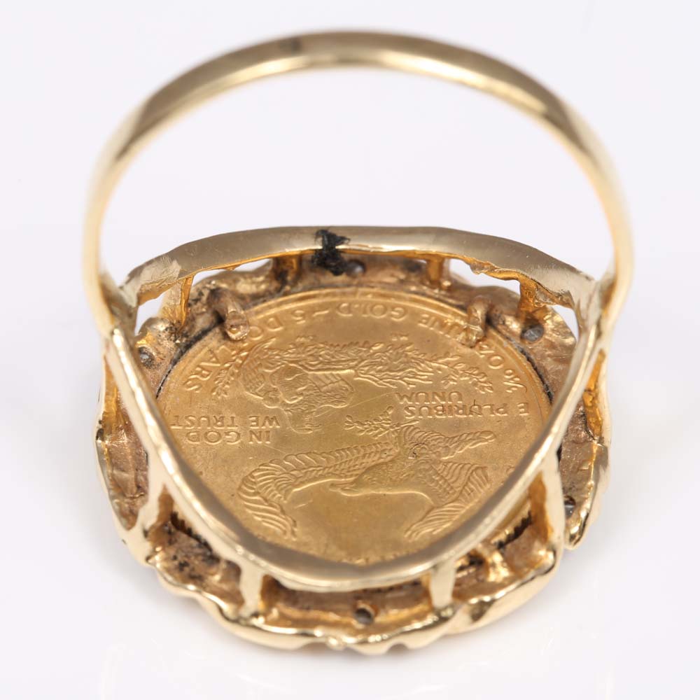 14K Yellow Gold and Diamond 1995 Liberty Coin Ring