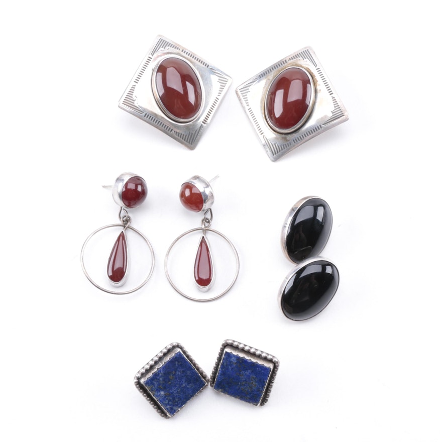 Sterling Silver Southwest Style Earrings Featuring Carnelian and Lapis Lazuli
