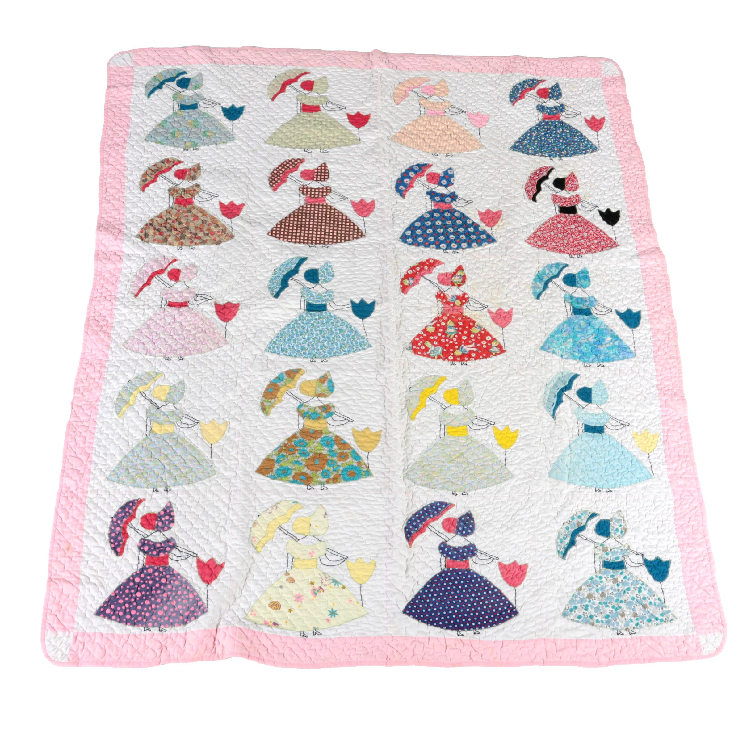 Vintage Handcrafted "Sunbonnet Sue Umbrella Girl" Applique Quilt