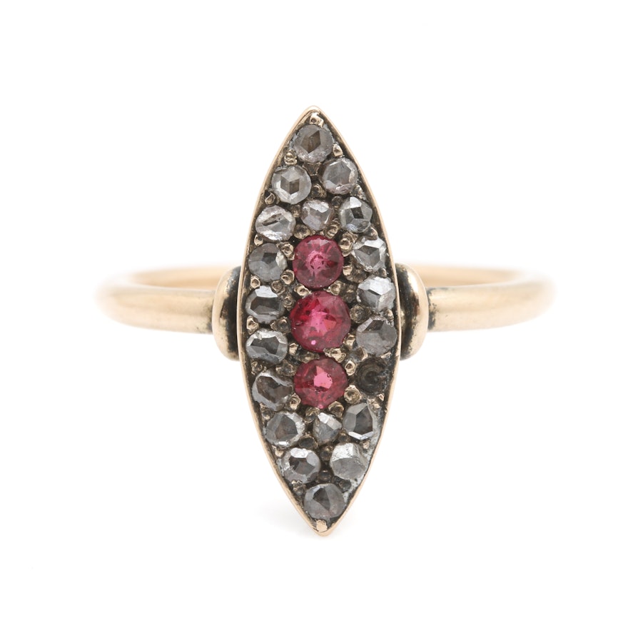 Victorian 14K Yellow Gold Garnet and Diamond Ring