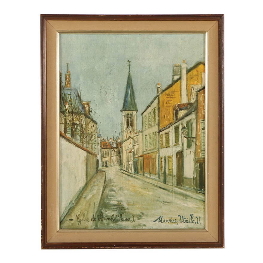 Offset Lithograph on Canvas Board After Maurice Utrillo "Eglise de Stains"