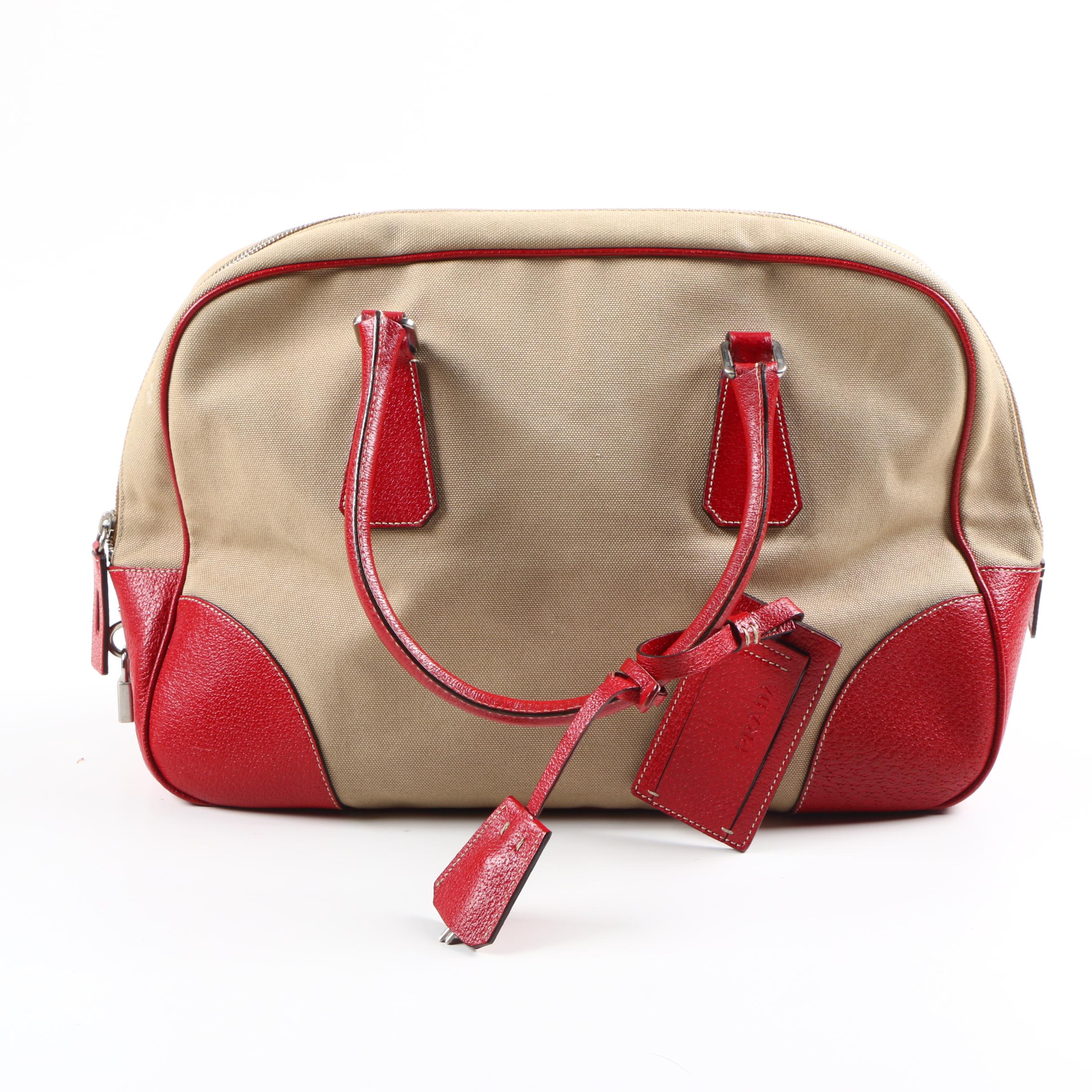 Prada Canvas and Red Leather Satchel with Lock and Key