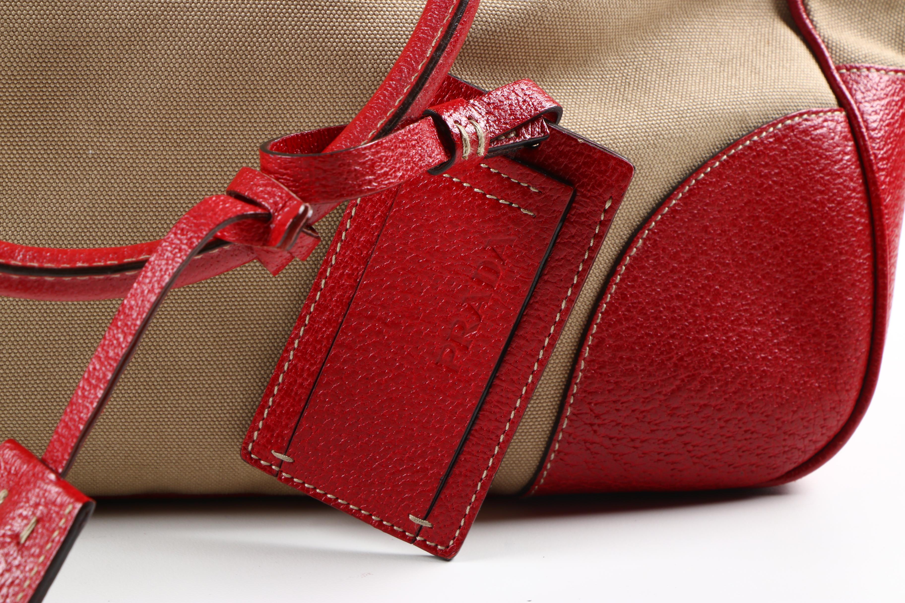 Prada Canvas and Red Leather Satchel with Lock and Key