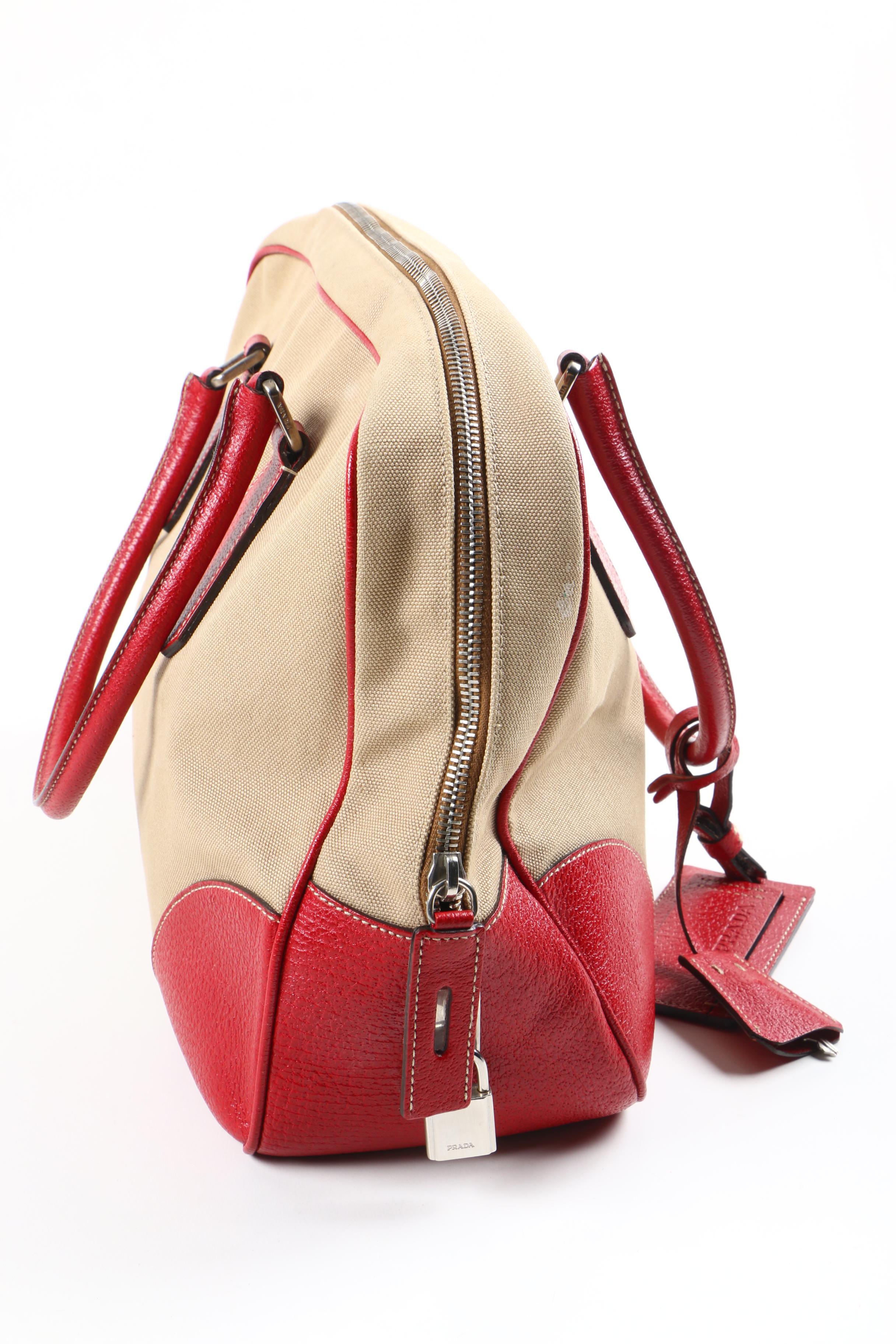 Prada Canvas and Red Leather Satchel with Lock and Key