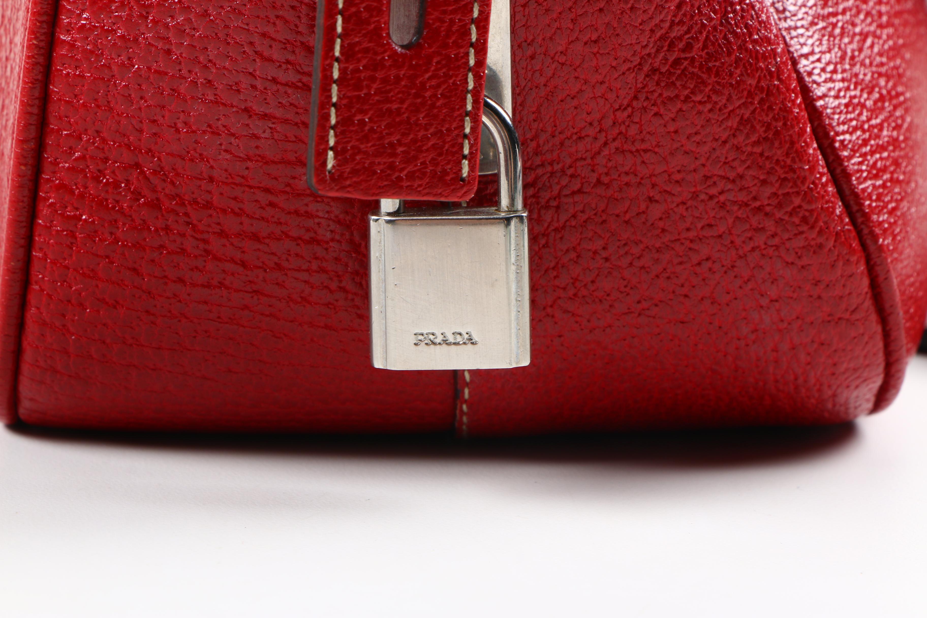 Prada Canvas and Red Leather Satchel with Lock and Key