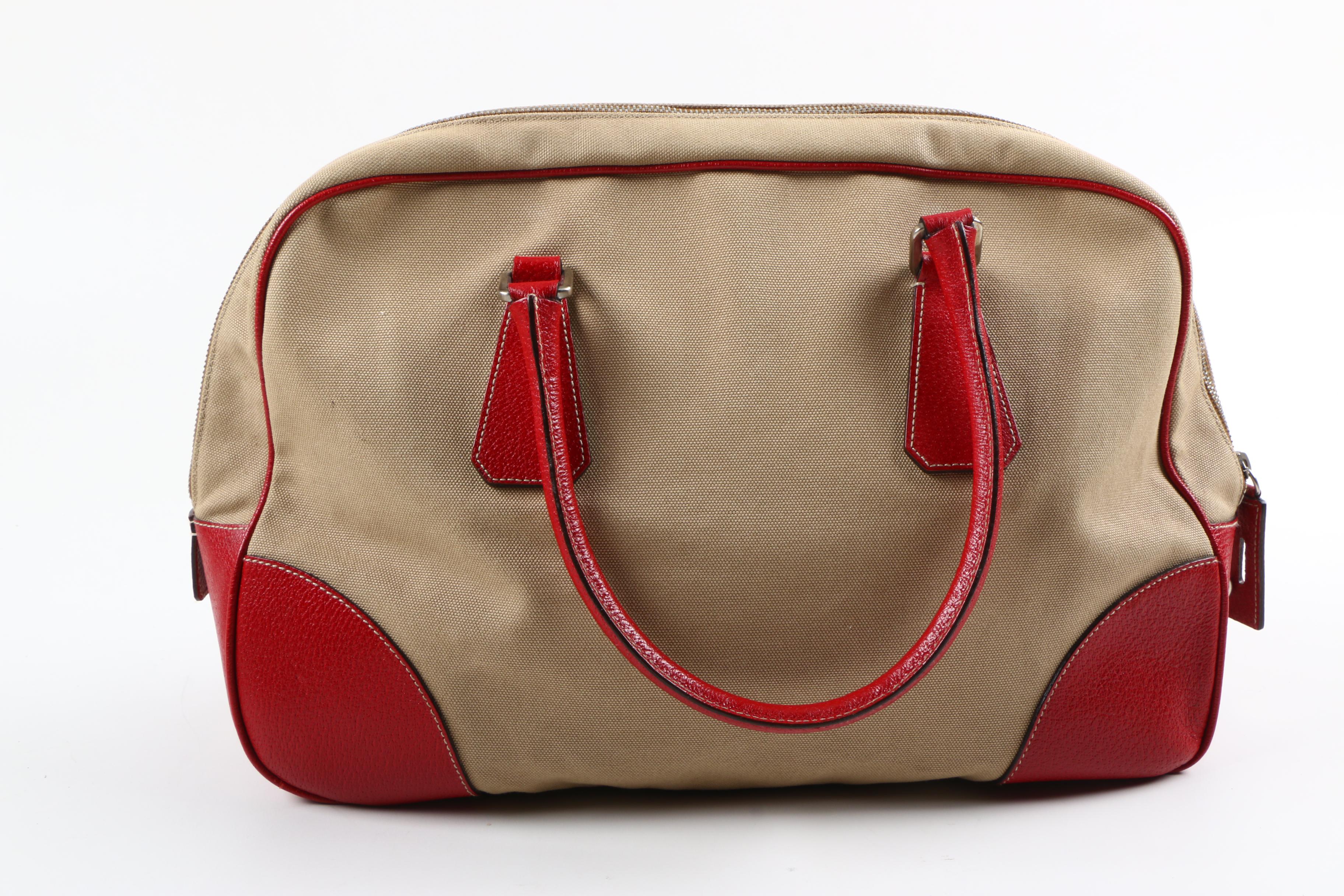 Prada Canvas and Red Leather Satchel with Lock and Key