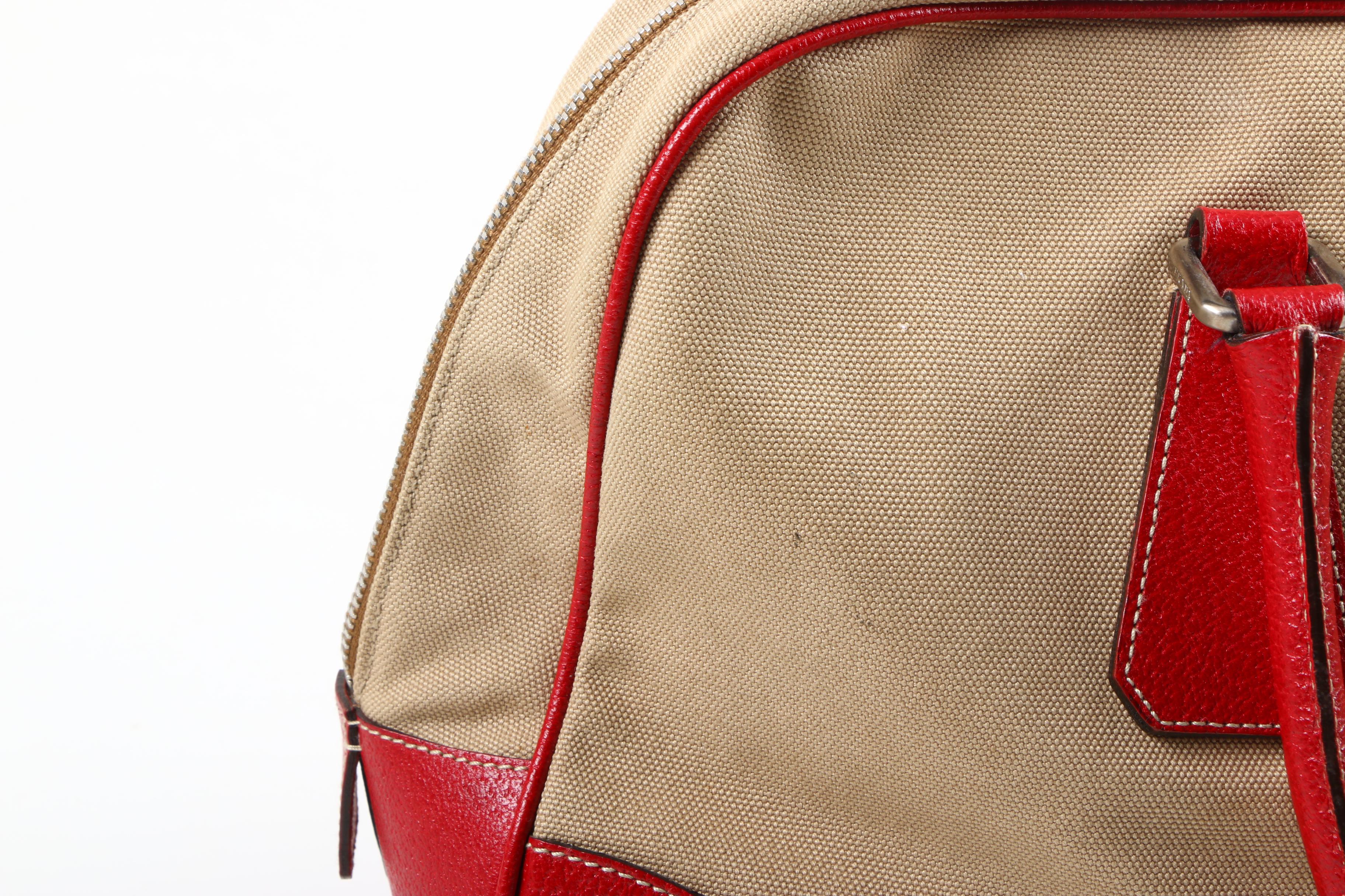 Prada Canvas and Red Leather Satchel with Lock and Key