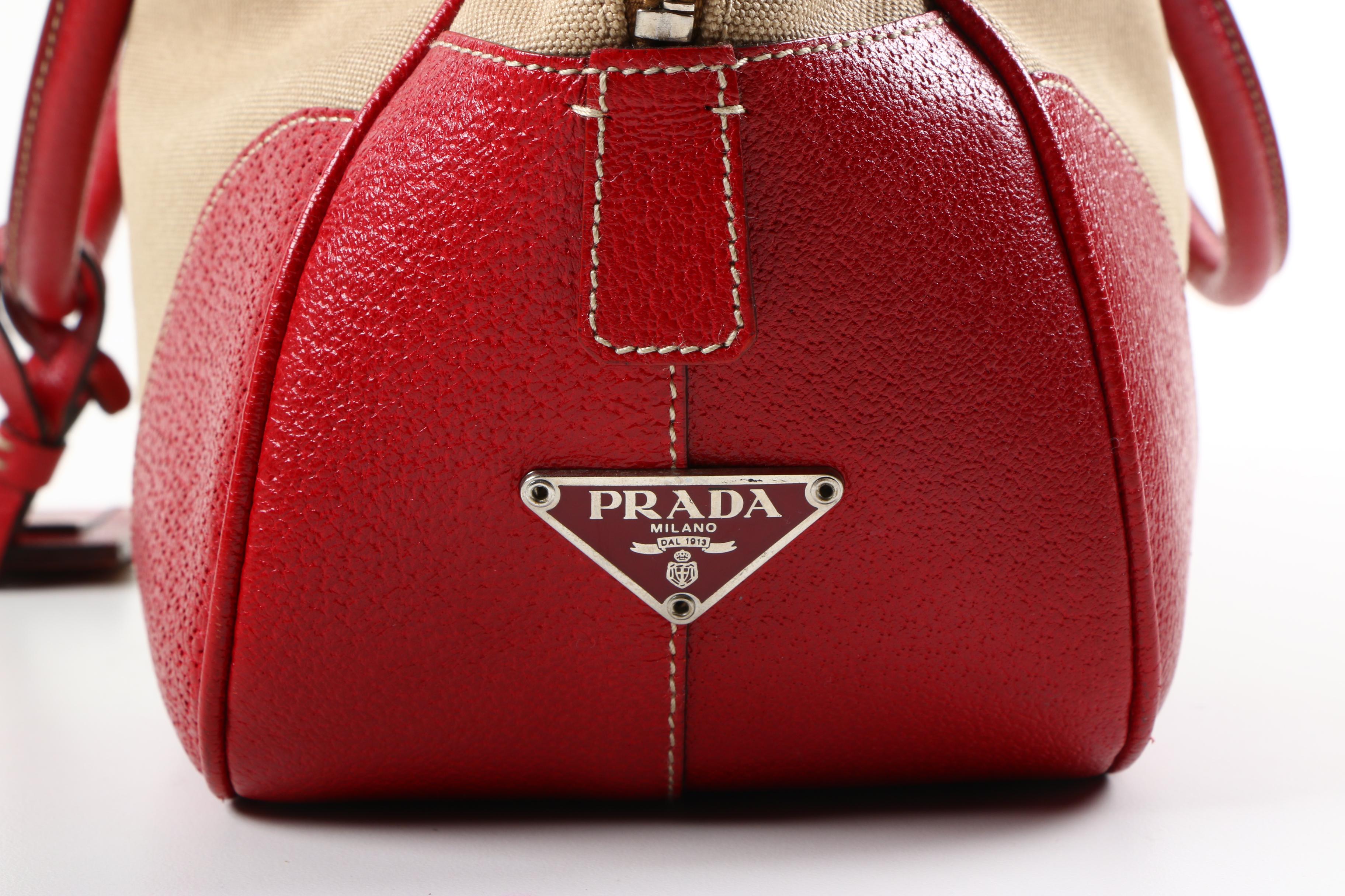 Prada Canvas and Red Leather Satchel with Lock and Key