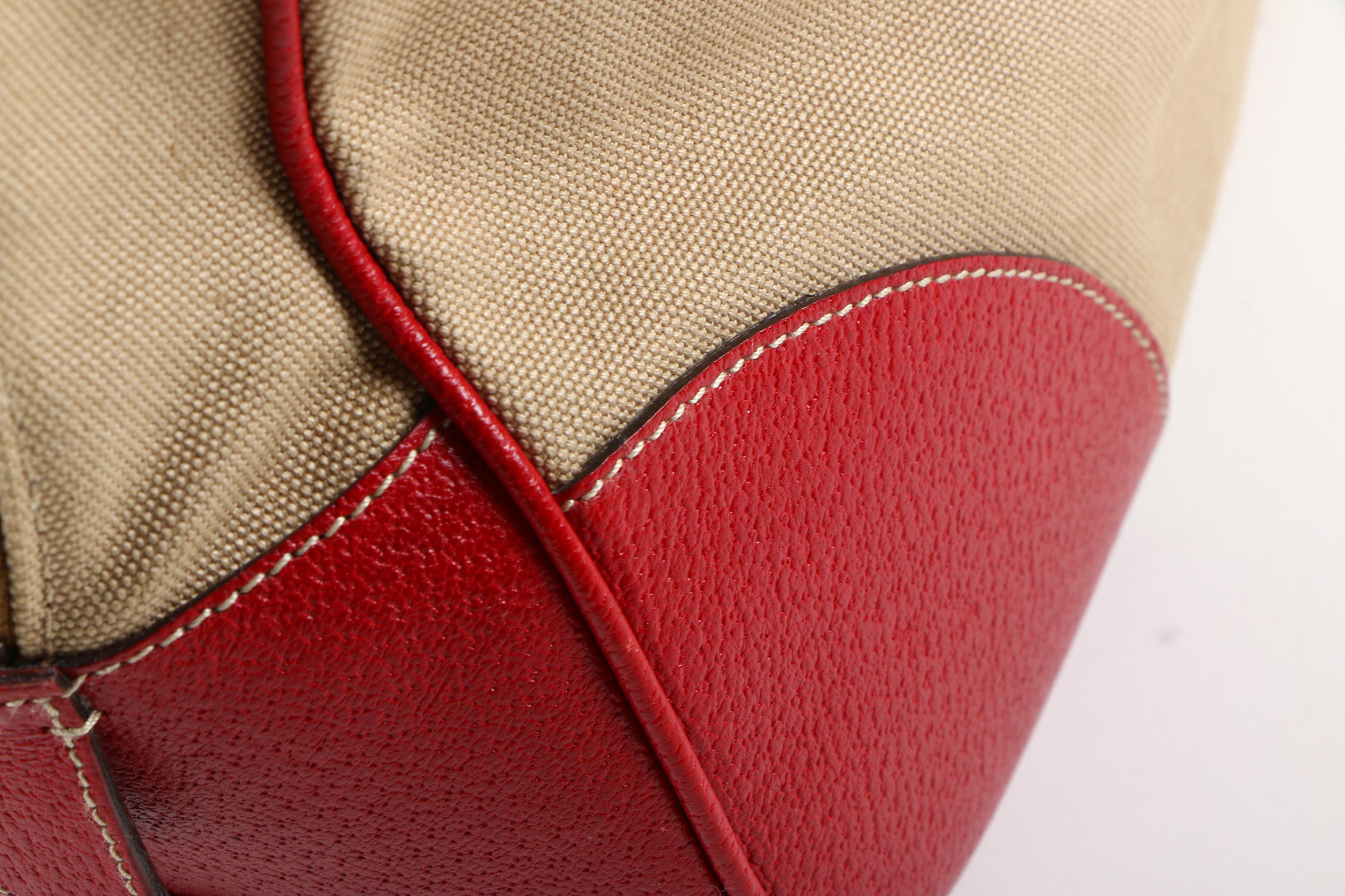 Prada Canvas and Red Leather Satchel with Lock and Key