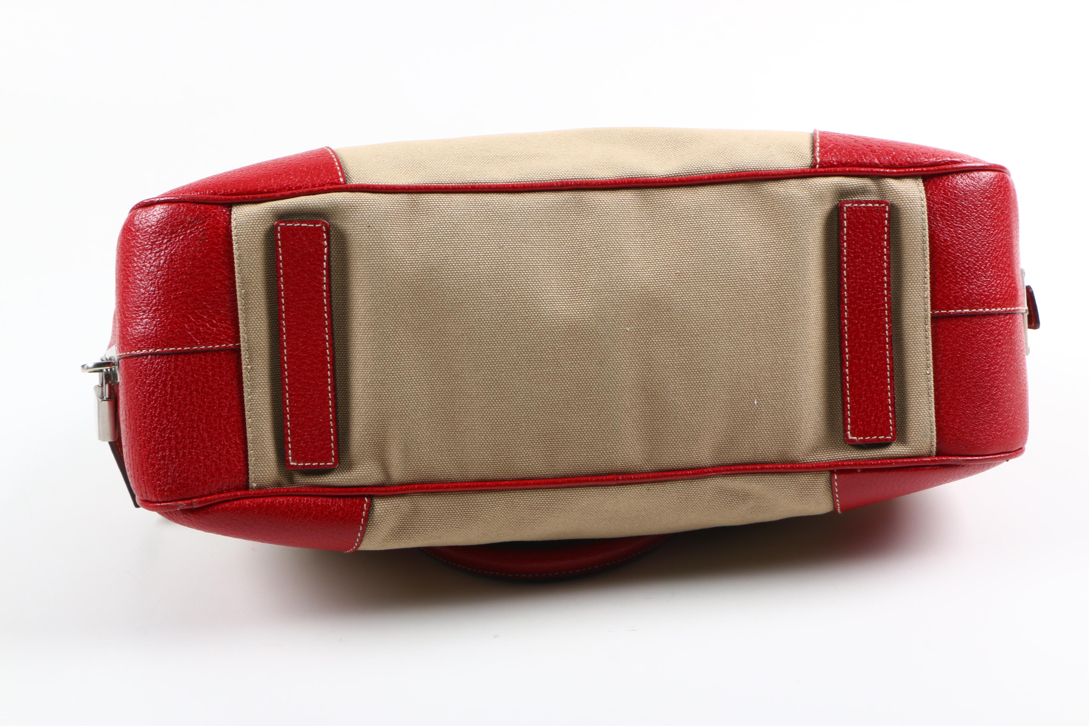 Prada Canvas and Red Leather Satchel with Lock and Key