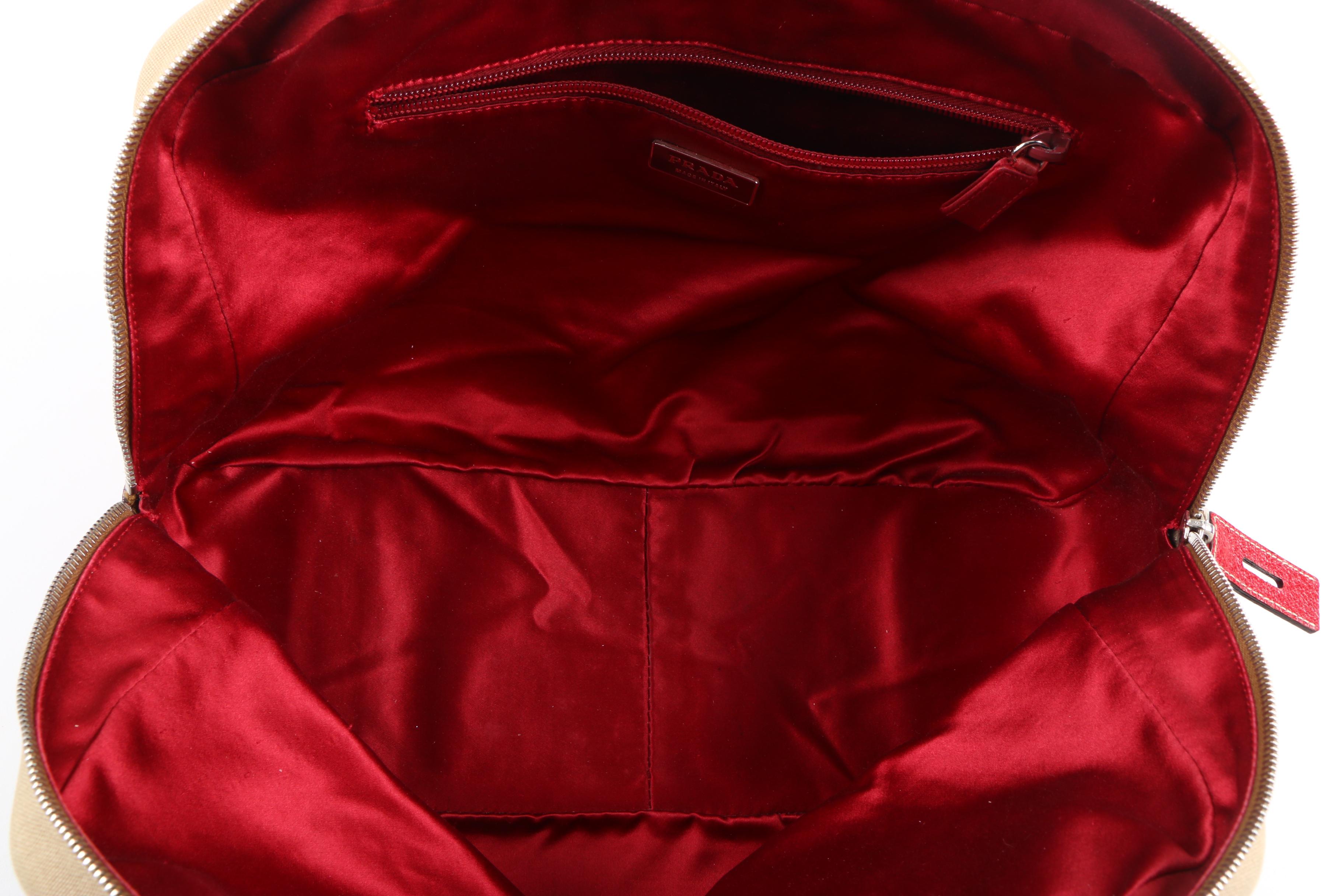 Prada Canvas and Red Leather Satchel with Lock and Key