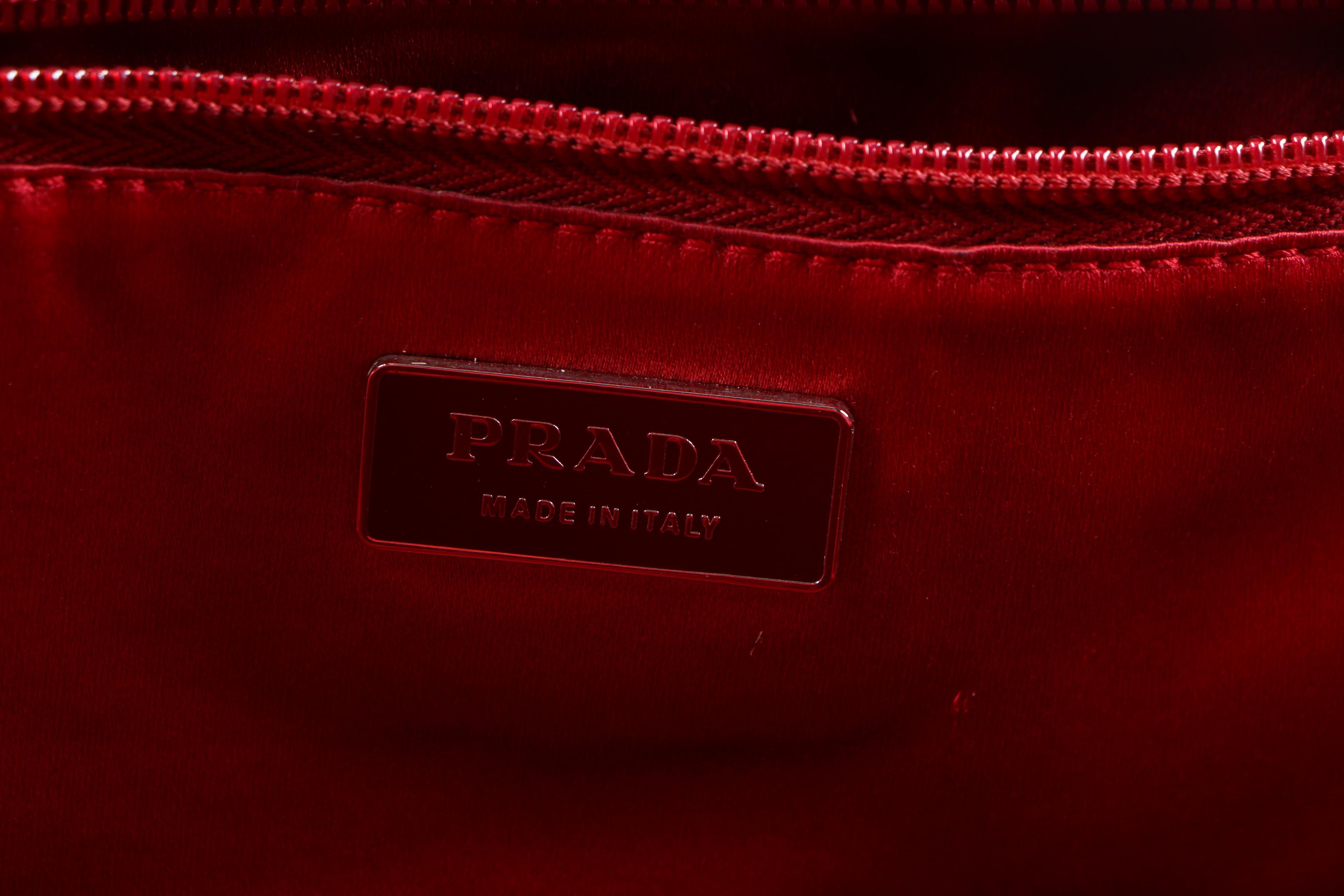 Prada Canvas and Red Leather Satchel with Lock and Key