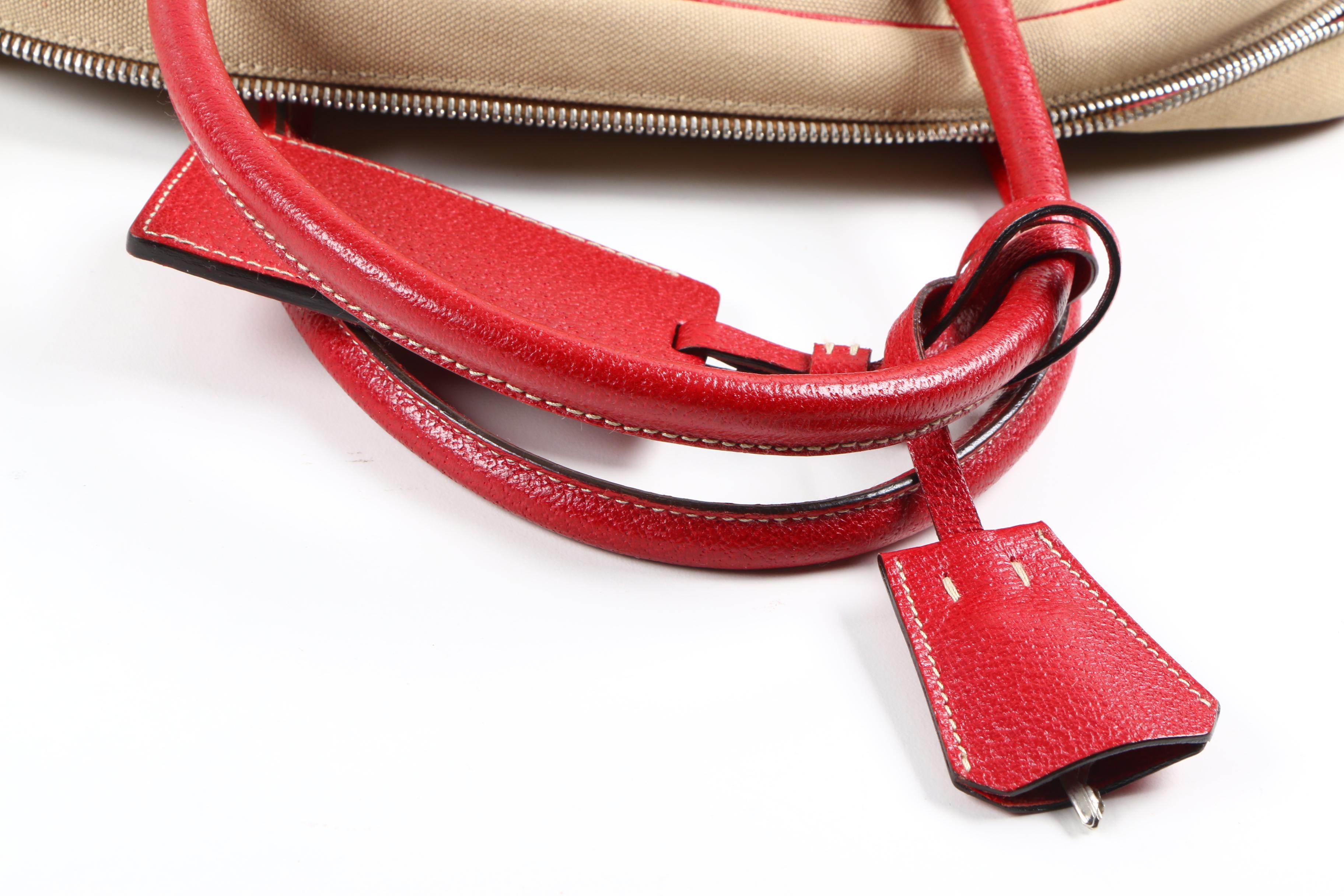 Prada Canvas and Red Leather Satchel with Lock and Key