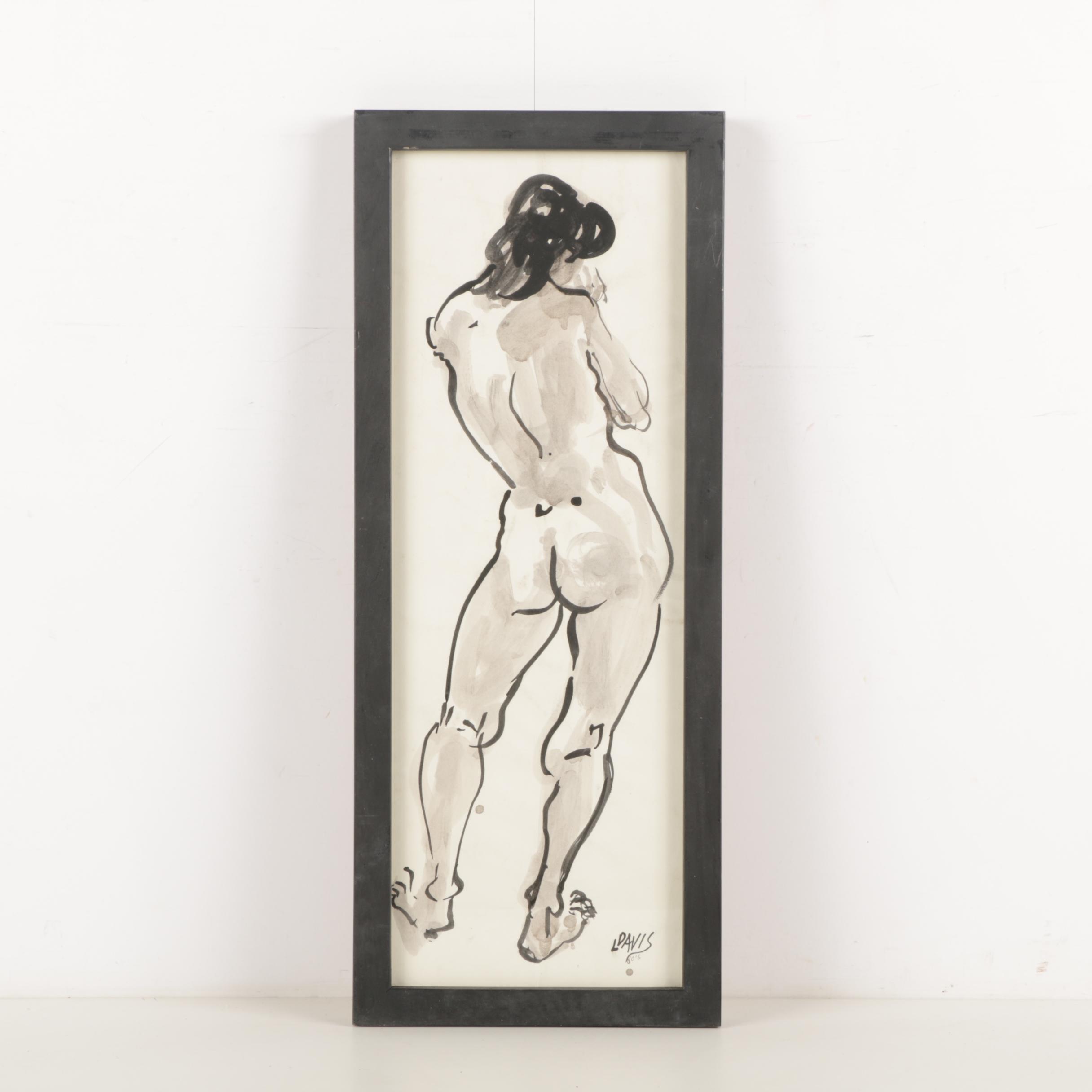 Lois Davis Ink Painting of Nude Figure Study