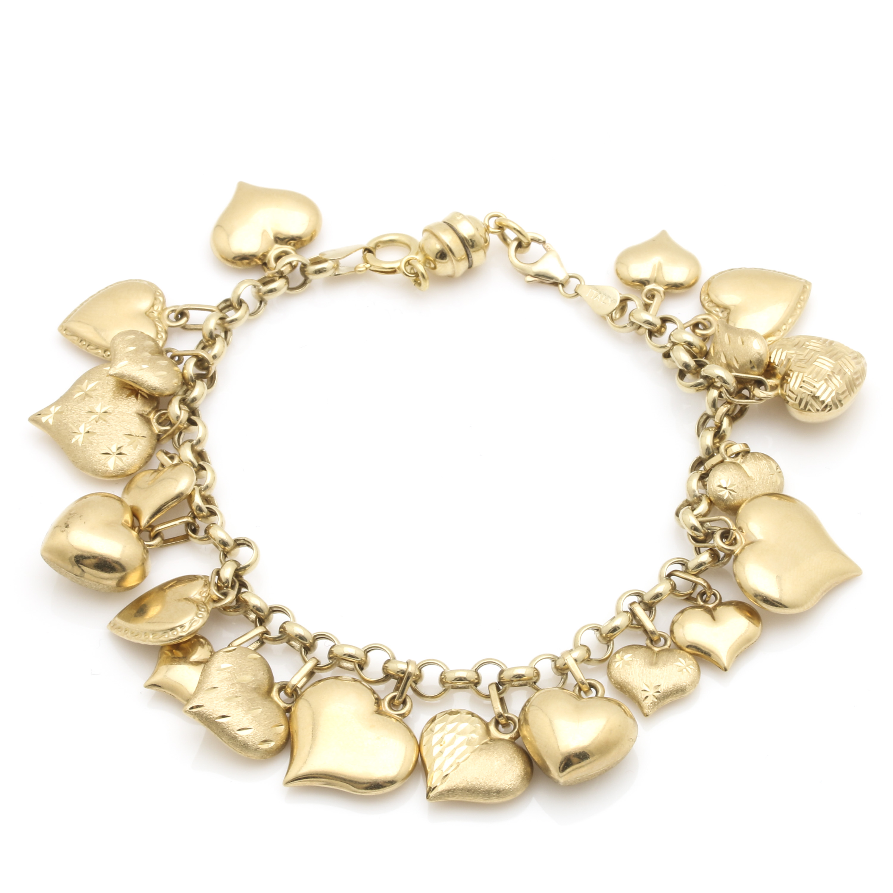 14K Yellow Gold Puffed Heart Charm Bracelet