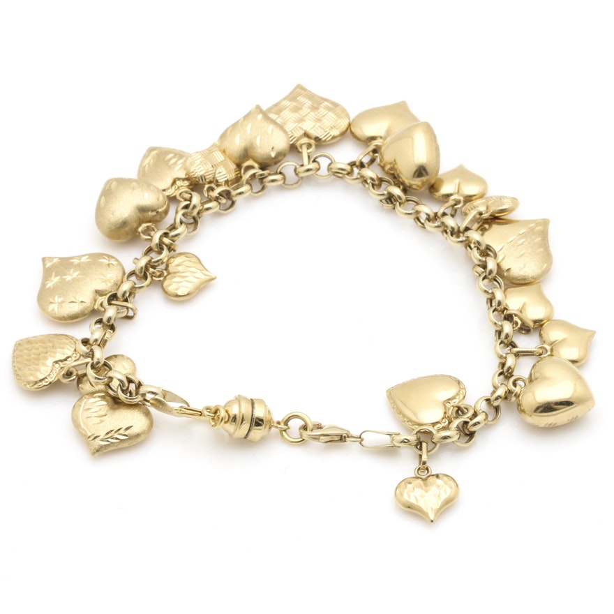 14K Yellow Gold Puffed Heart Charm Bracelet