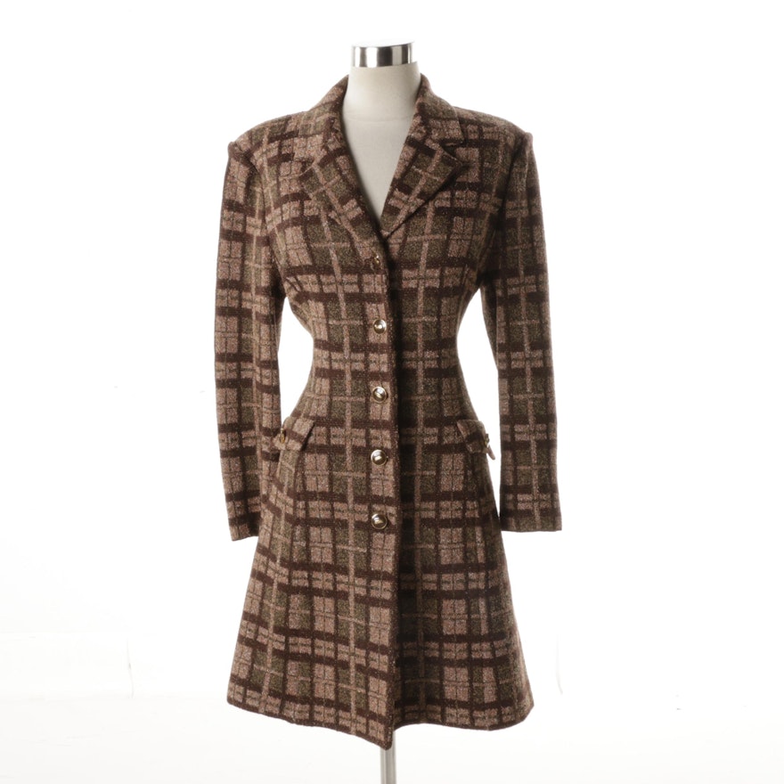 Women's Vintage Marie Gray Plaid Coat with Brown Belt