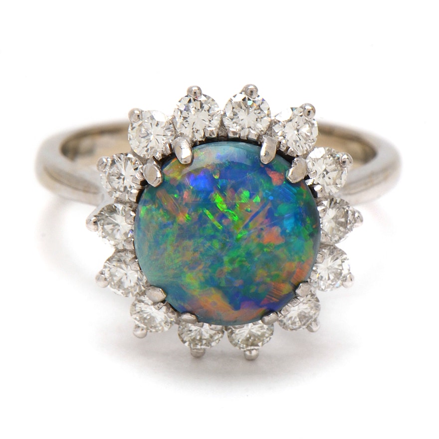 14K White Gold Black Opal and 1.00 CTW Diamond Cocktail Ring