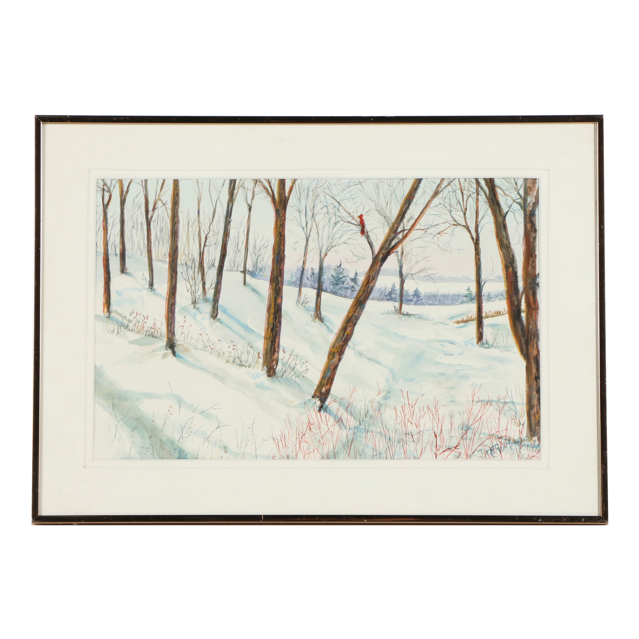 Doe Bartlett Watercolor and Gouache Painting on Paper of a Winter Landscape