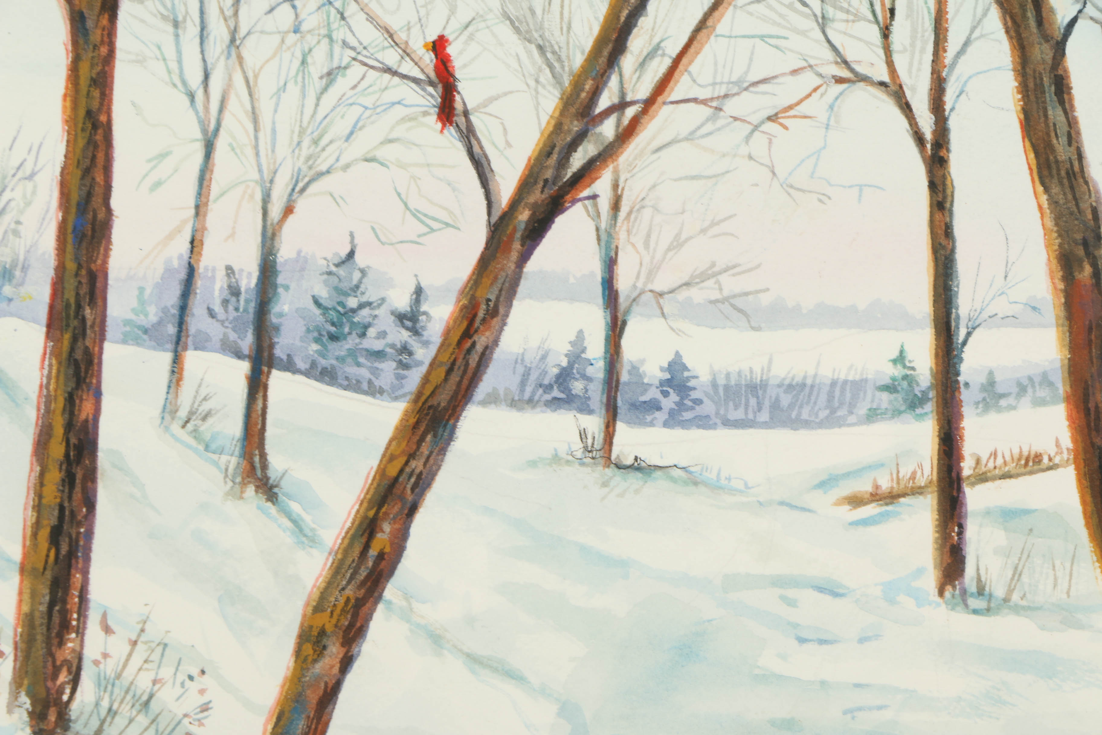 Doe Bartlett Watercolor and Gouache Painting on Paper of a Winter Landscape