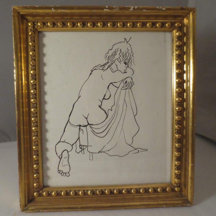 Pen and Ink Figure Study In Beaded Gilt Frame