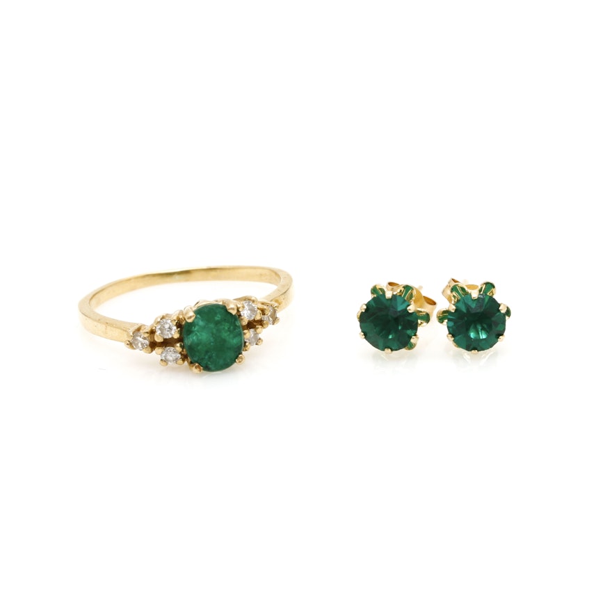 14K Yellow Gold Green Glass, Emerald and Diamond Demi Parure