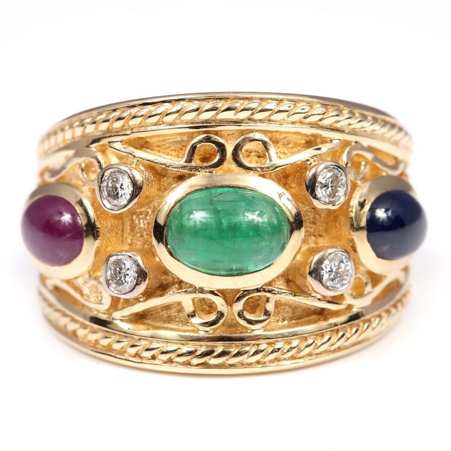 14K Yellow Gold Emerald, Ruby, Sapphire, and Diamond Ring