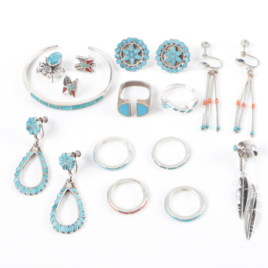 Southwestern Style Sterling Silver Jewelry Including Turquoise