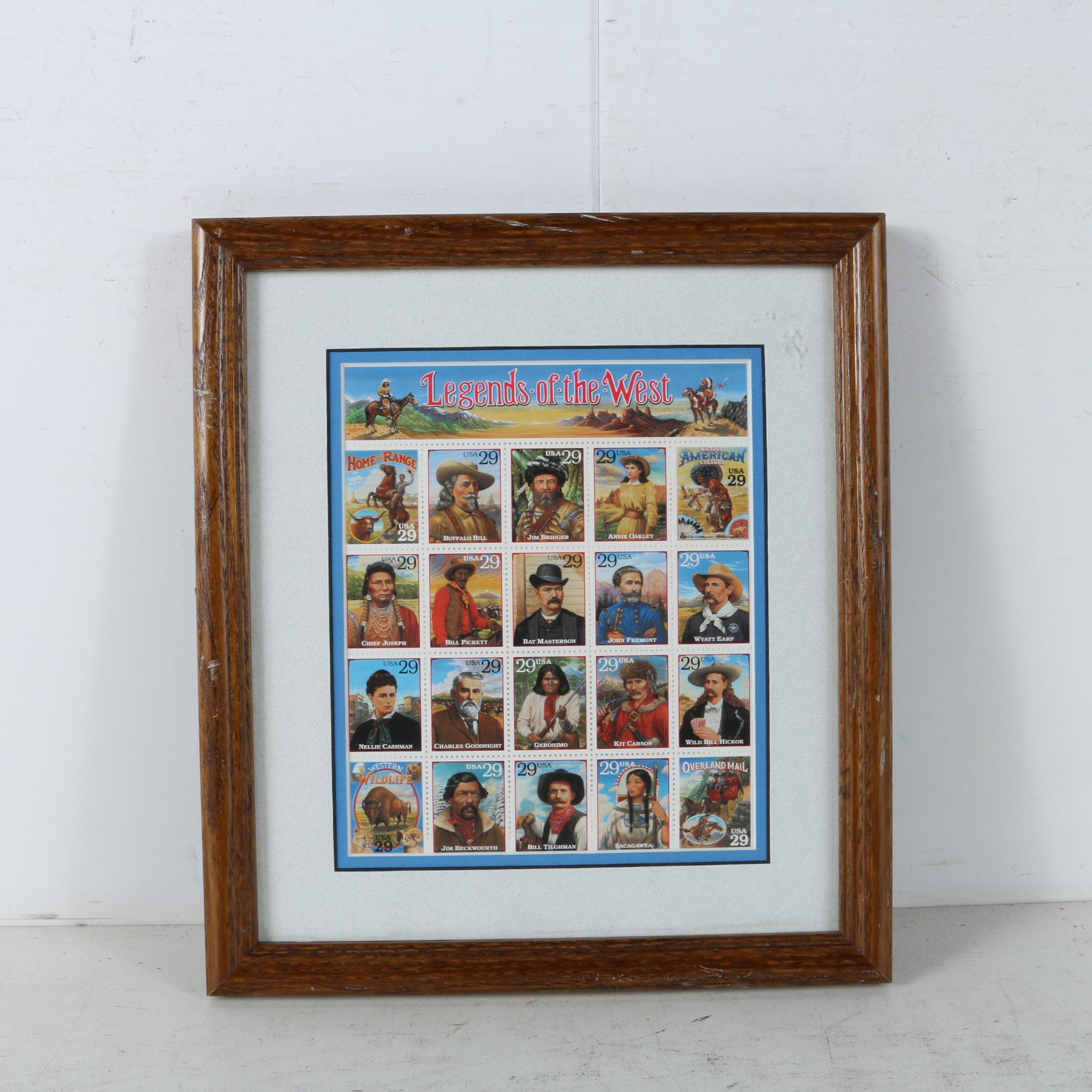 Framed "Legends of the West" United States Postage Stamp Sheet