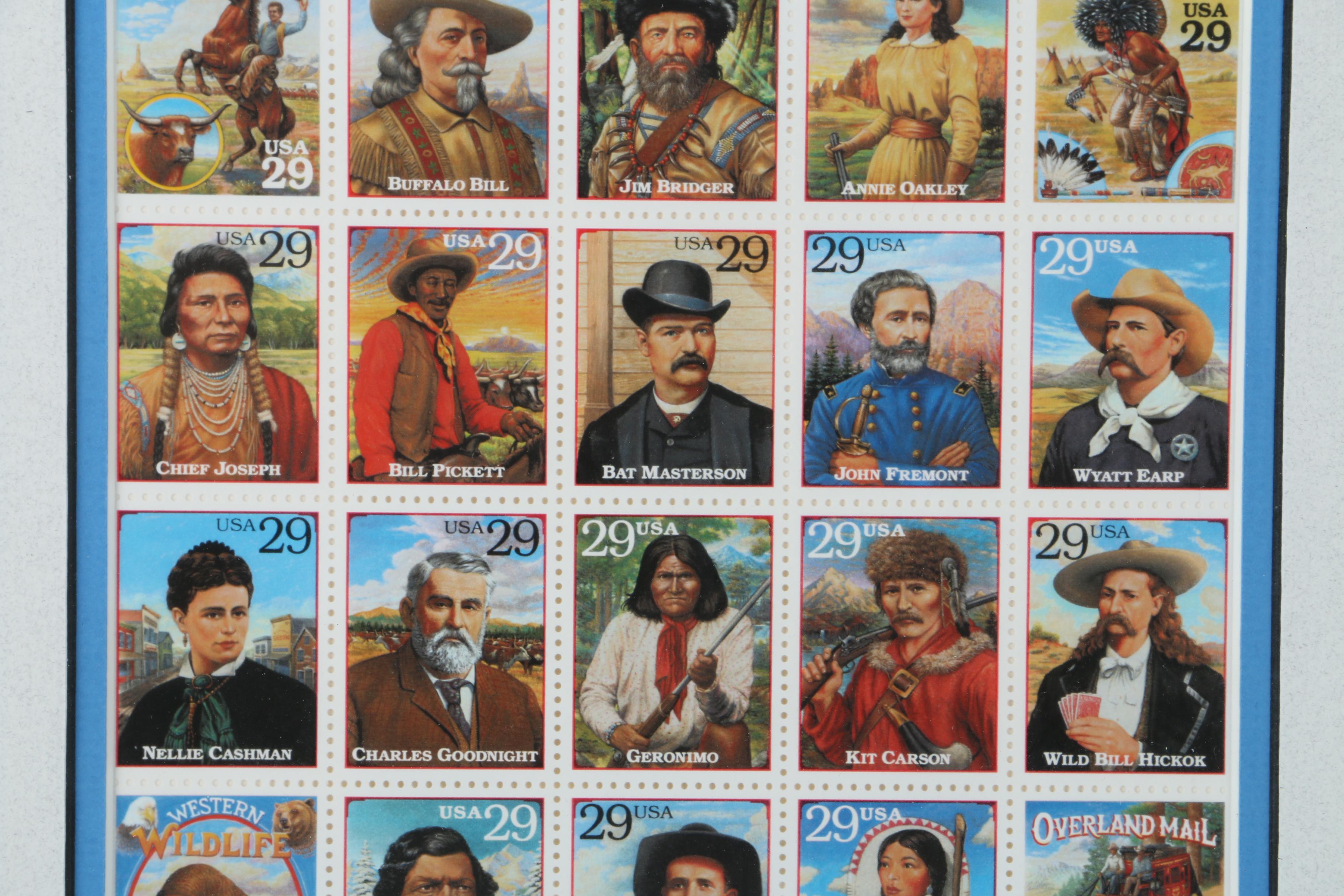 Framed "Legends of the West" United States Postage Stamp Sheet