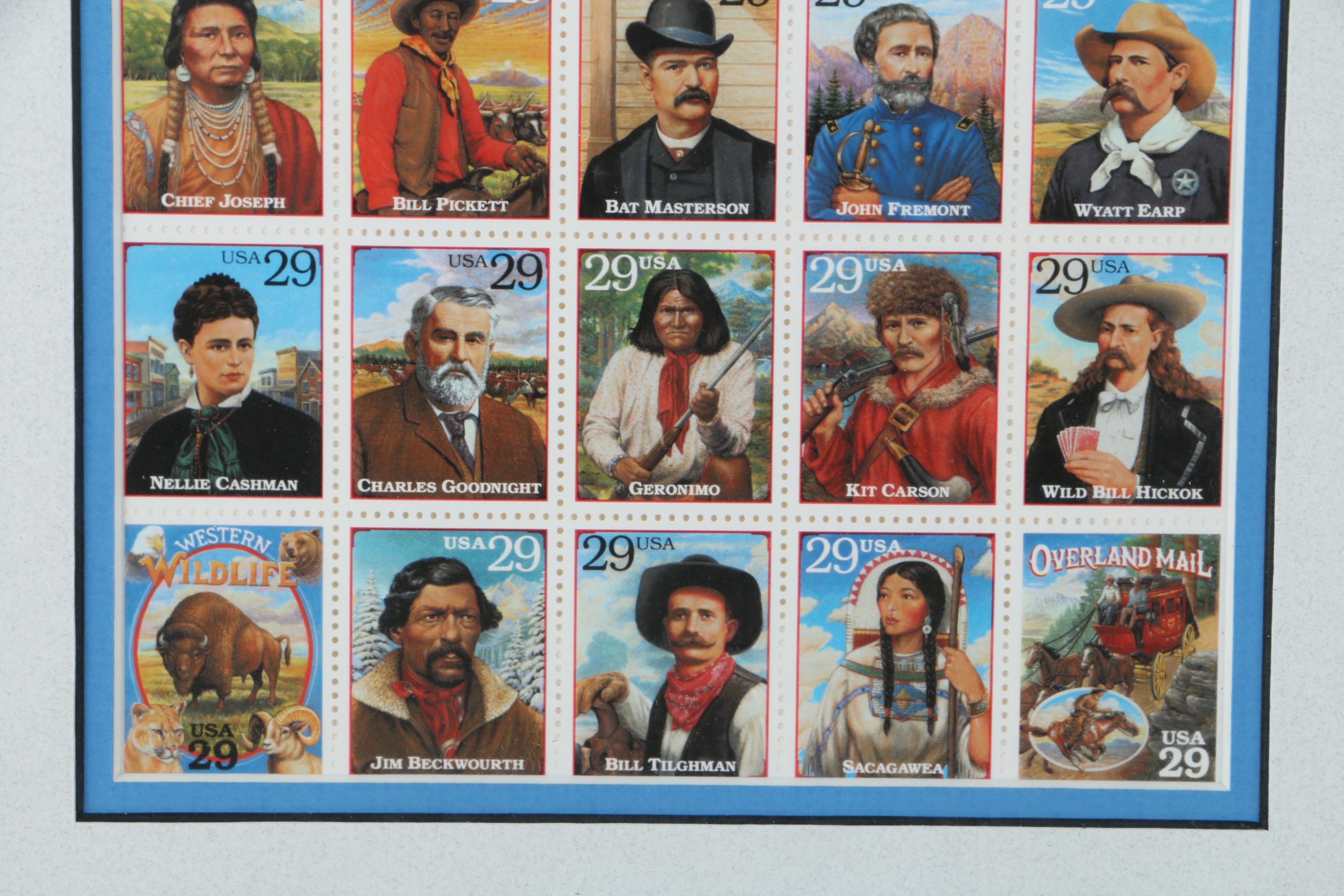 Framed "Legends of the West" United States Postage Stamp Sheet