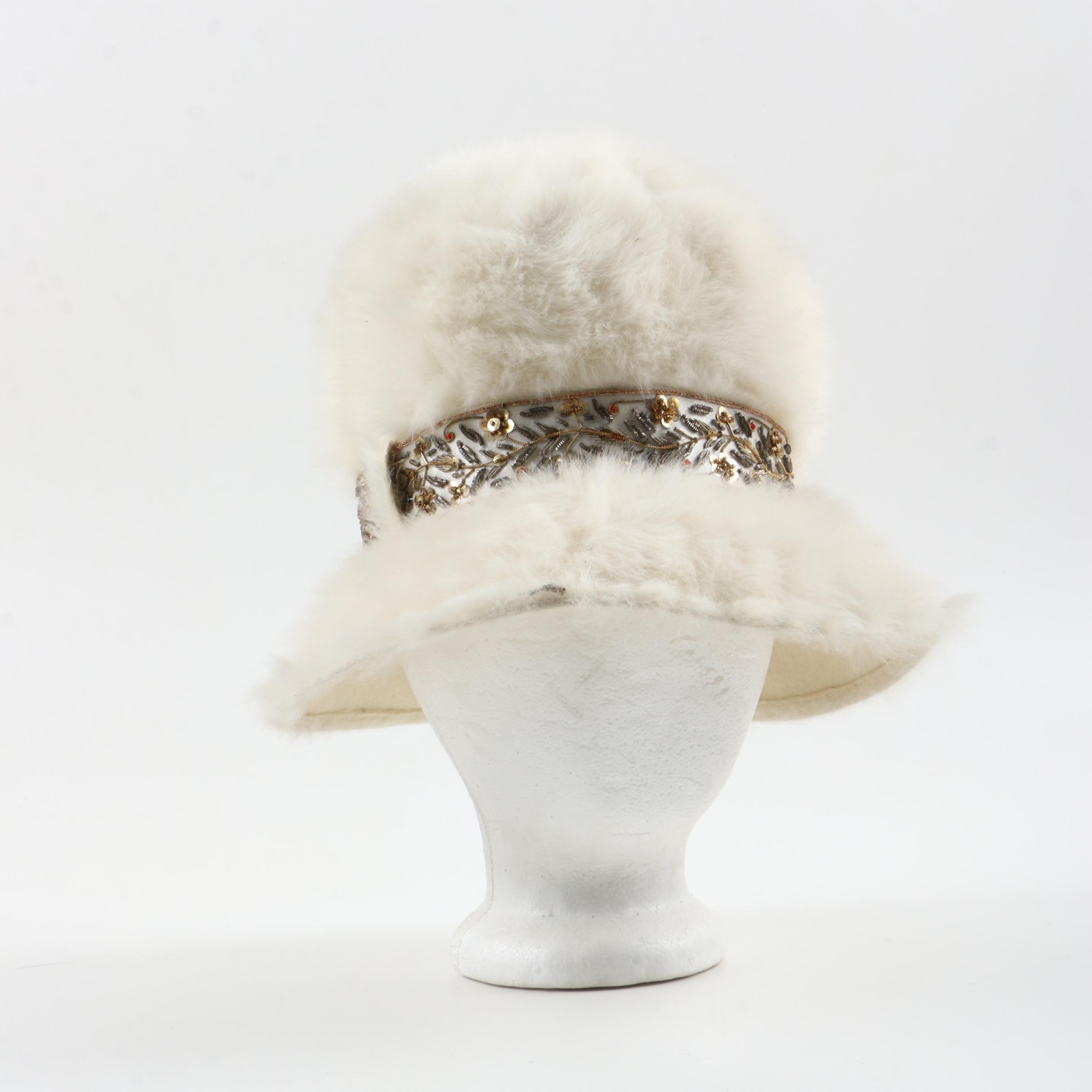 1950s Vintage Elsa Schiaparelli White Angora Rabbit Fur and Felt Hat with Beads