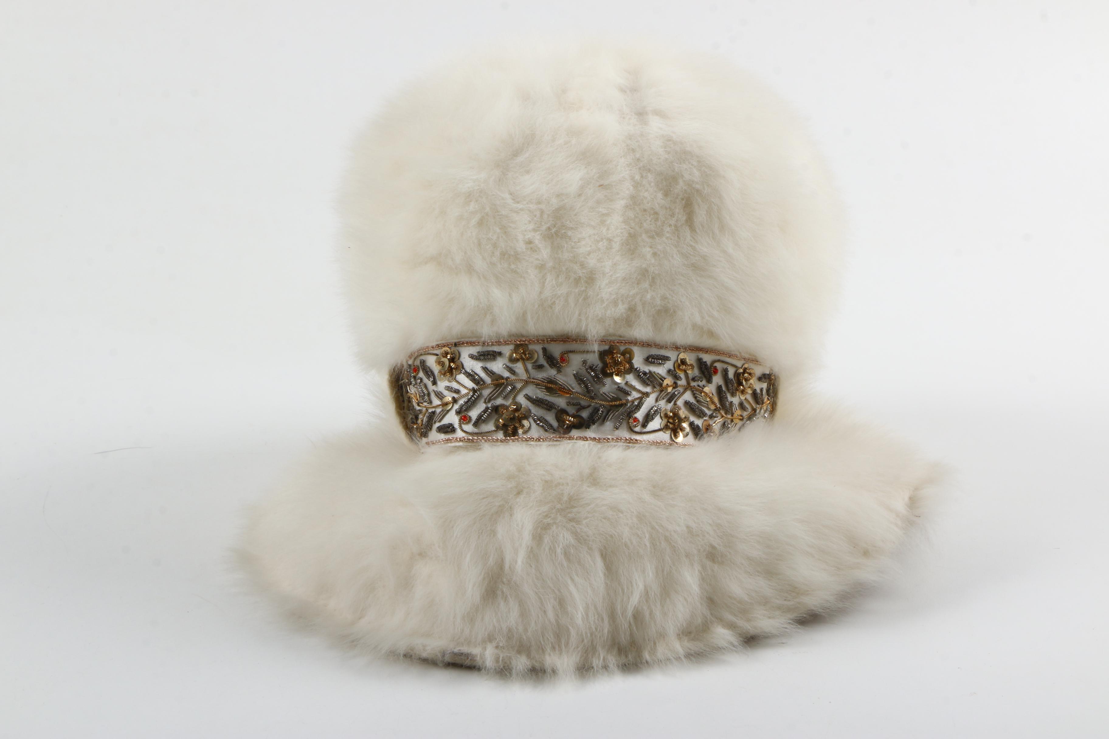 1950s Vintage Elsa Schiaparelli White Angora Rabbit Fur and Felt Hat with Beads