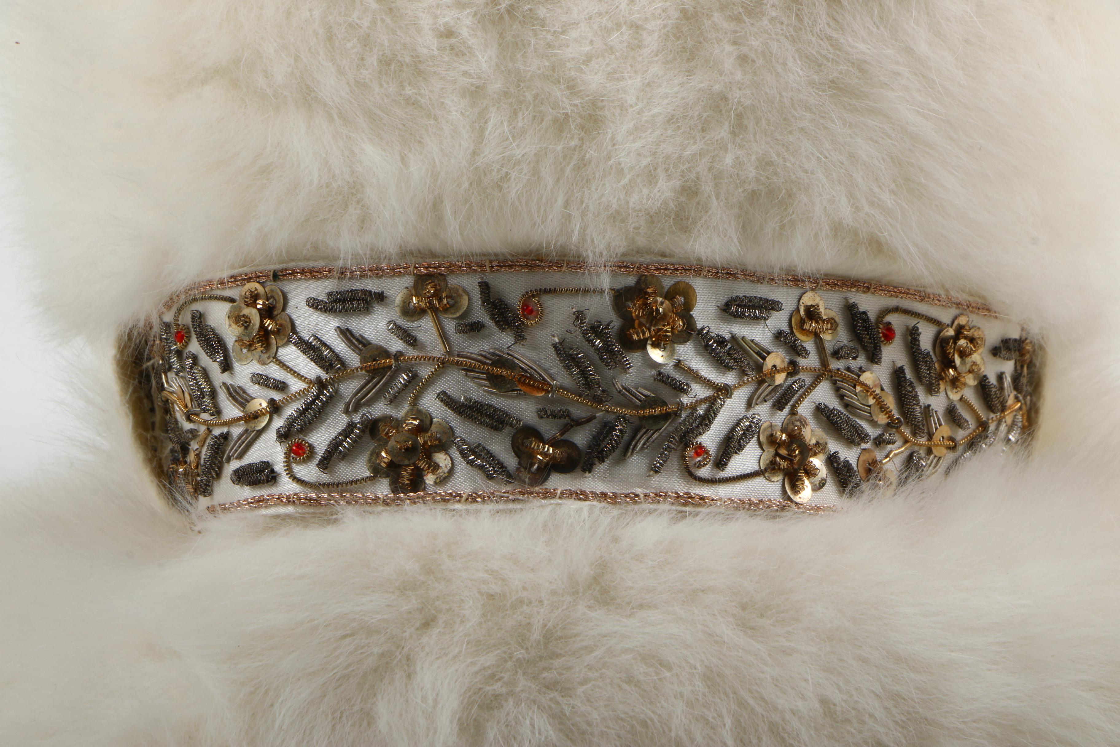 1950s Vintage Elsa Schiaparelli White Angora Rabbit Fur and Felt Hat with Beads