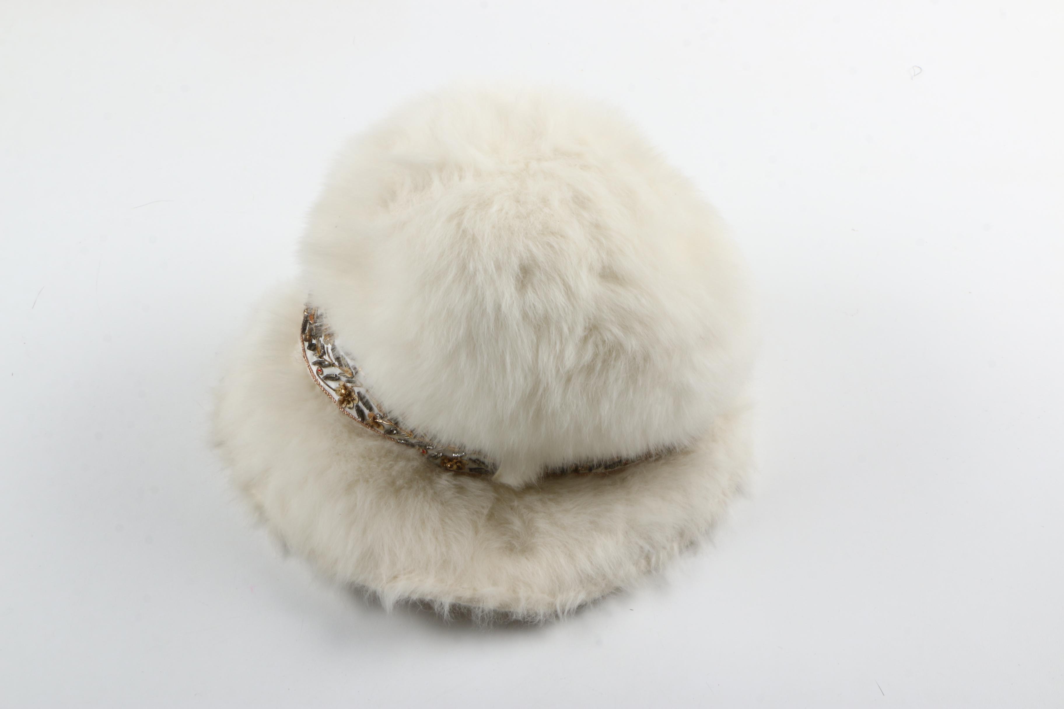 1950s Vintage Elsa Schiaparelli White Angora Rabbit Fur and Felt Hat with Beads