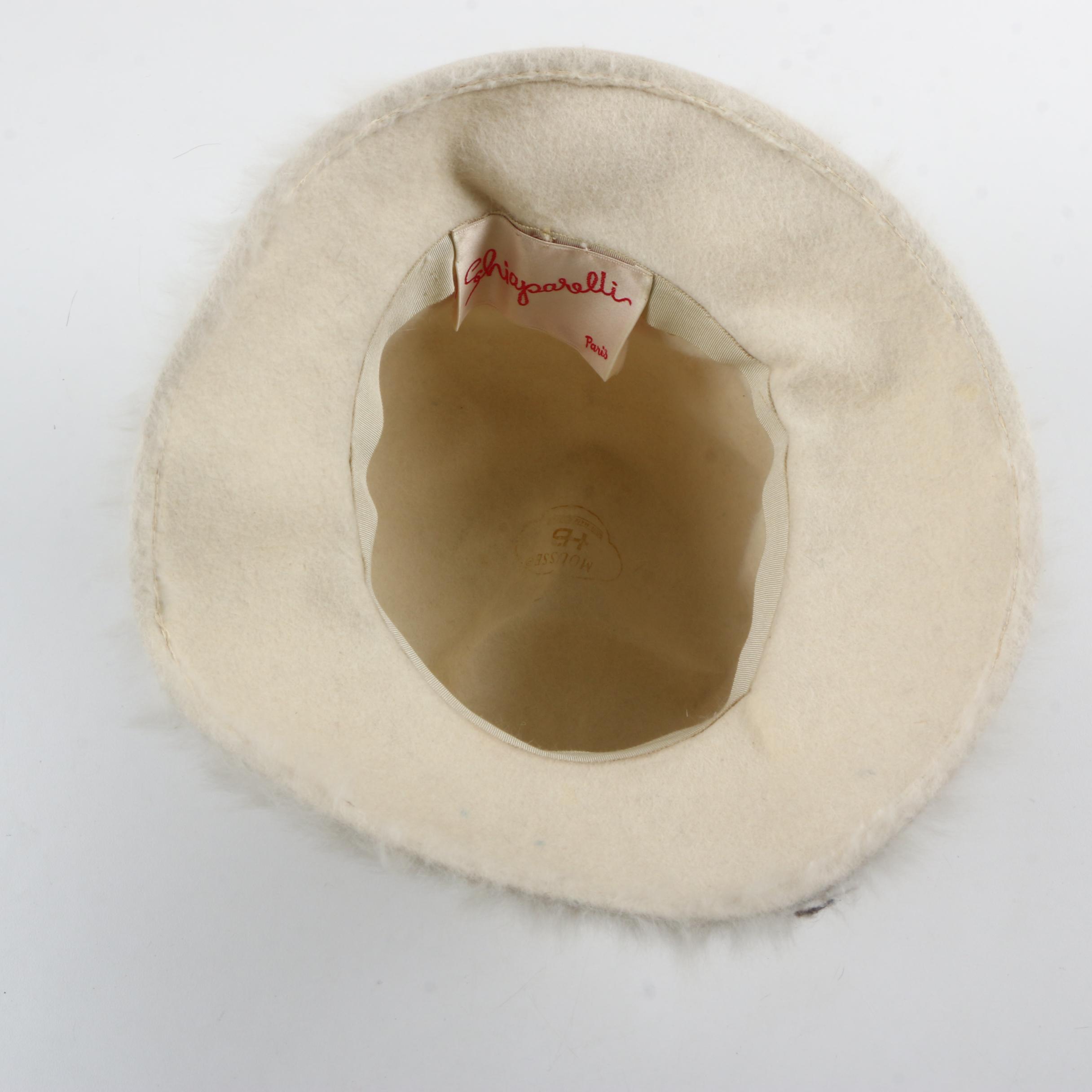 1950s Vintage Elsa Schiaparelli White Angora Rabbit Fur and Felt Hat with Beads