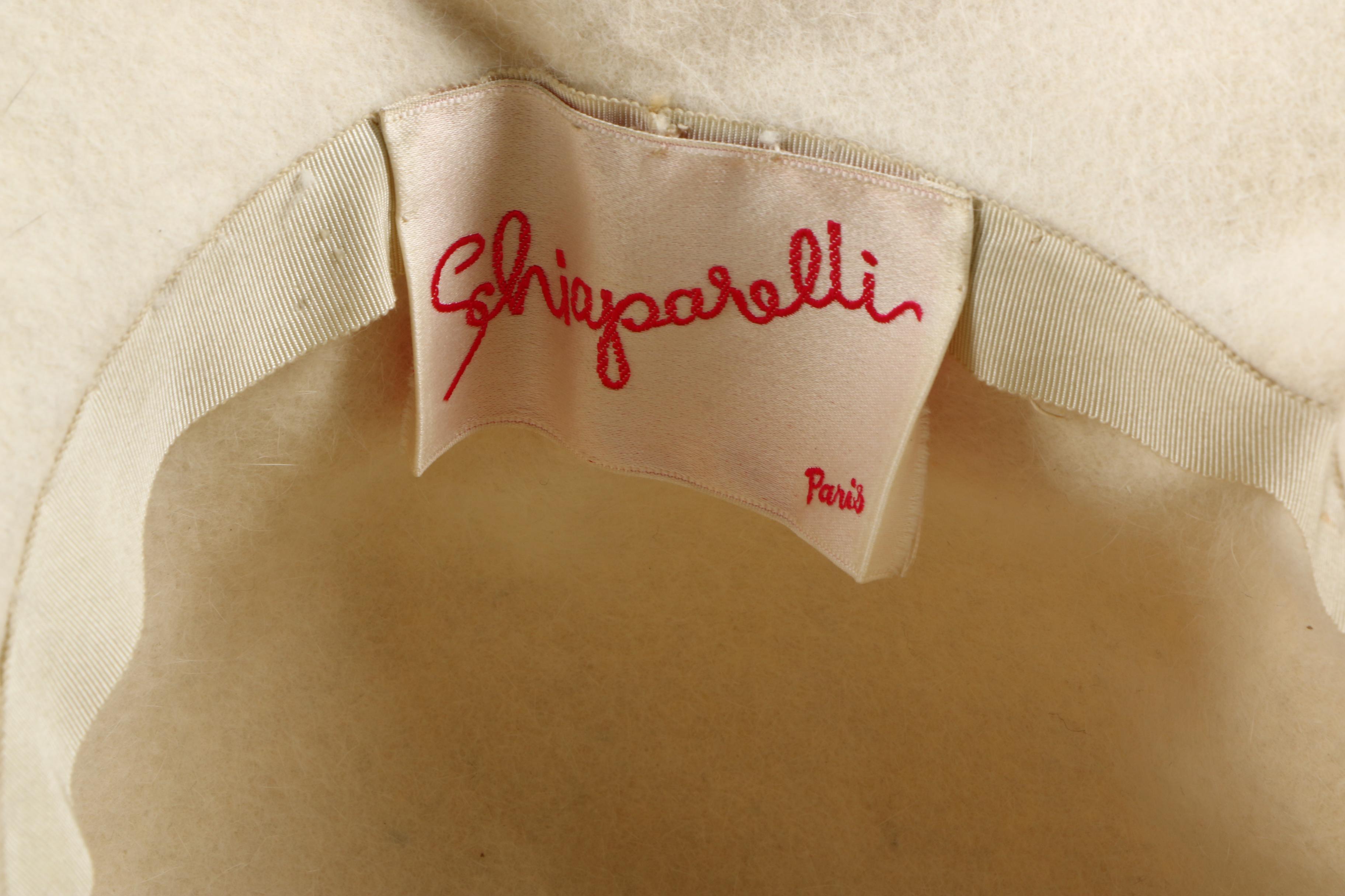 1950s Vintage Elsa Schiaparelli White Angora Rabbit Fur and Felt Hat with Beads